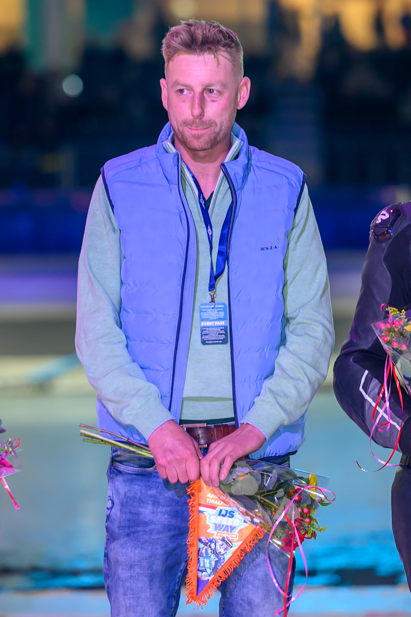 Karim Boezerooy of The Netherlands, who was injured in practice, and didn't ride. He was however presented on parade during the ROELOF THIJS BOKAAL at Ice Rink Thialf, Heerenveen on Friday 10th April 2026.  (Photo: Ian Charles | MI News)