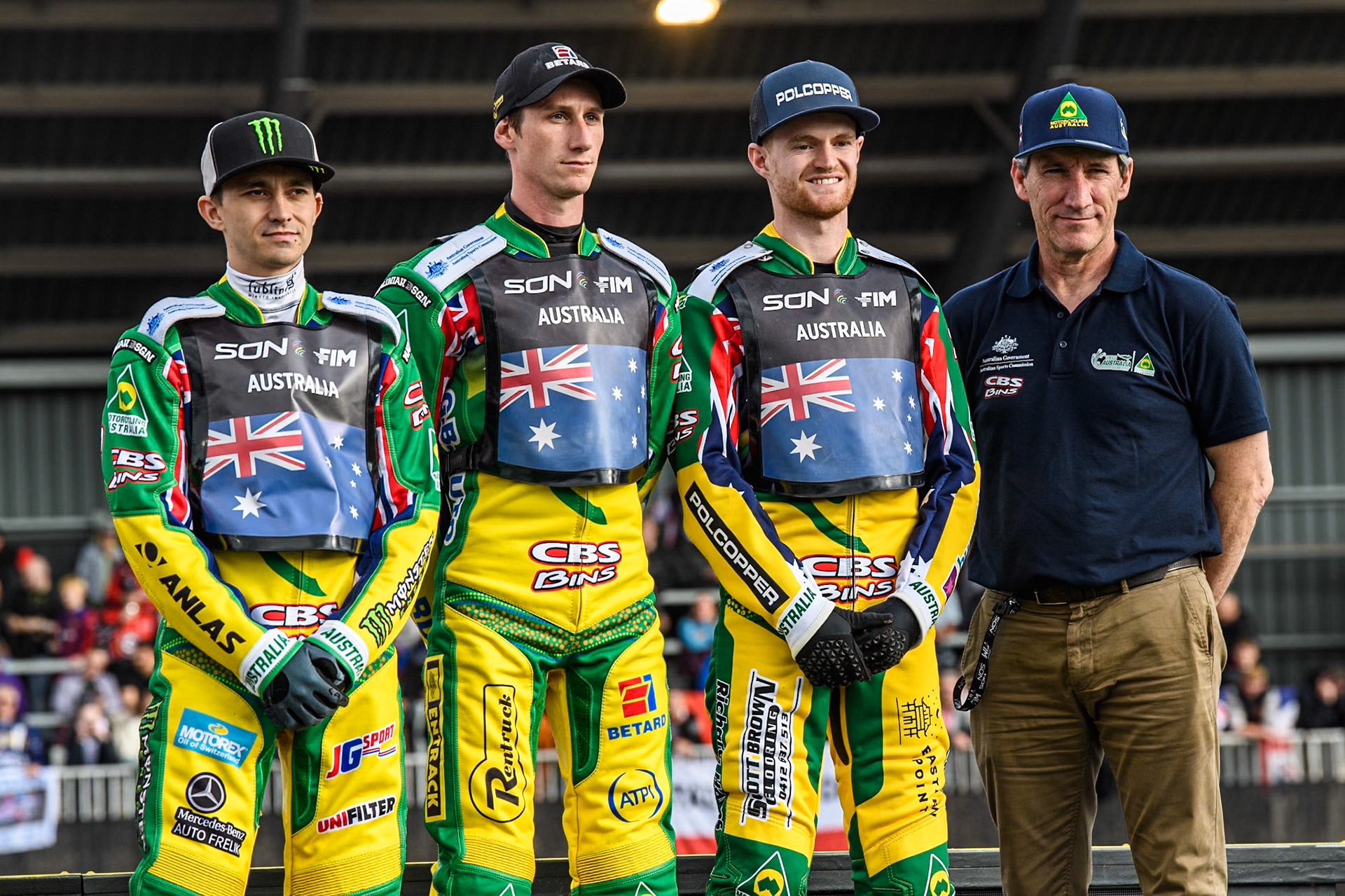 AUSTRALIA: Jack Holder, Max Fricke, Brady Kurtz and Australian Team manager, Mark Lemon during the Monster Energy FIM Speedway of Nation Final at the National Speedway Stadium, Manchester on Saturday 13th July 2024. (Photo: Ian Charles | MI News)