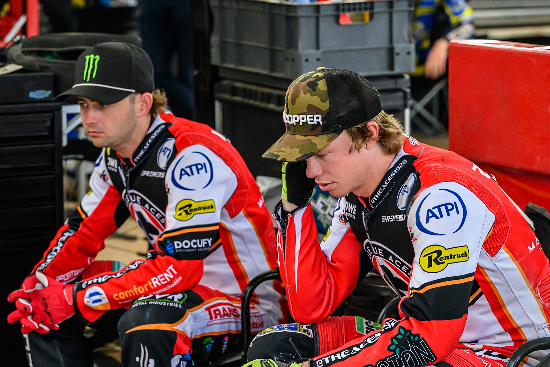 Jaimon Lidsey of Belle Vue Aces  (Left) and Tate Zischke of Belle Vue Aces  during the Rowe Motor Oil Premiership match between Sheffield Tigers and Belle Vue Aces at Owlerton Stadium, Sheffield on Monday 11th August 2025. (Photo: Ian Charles | MI News)