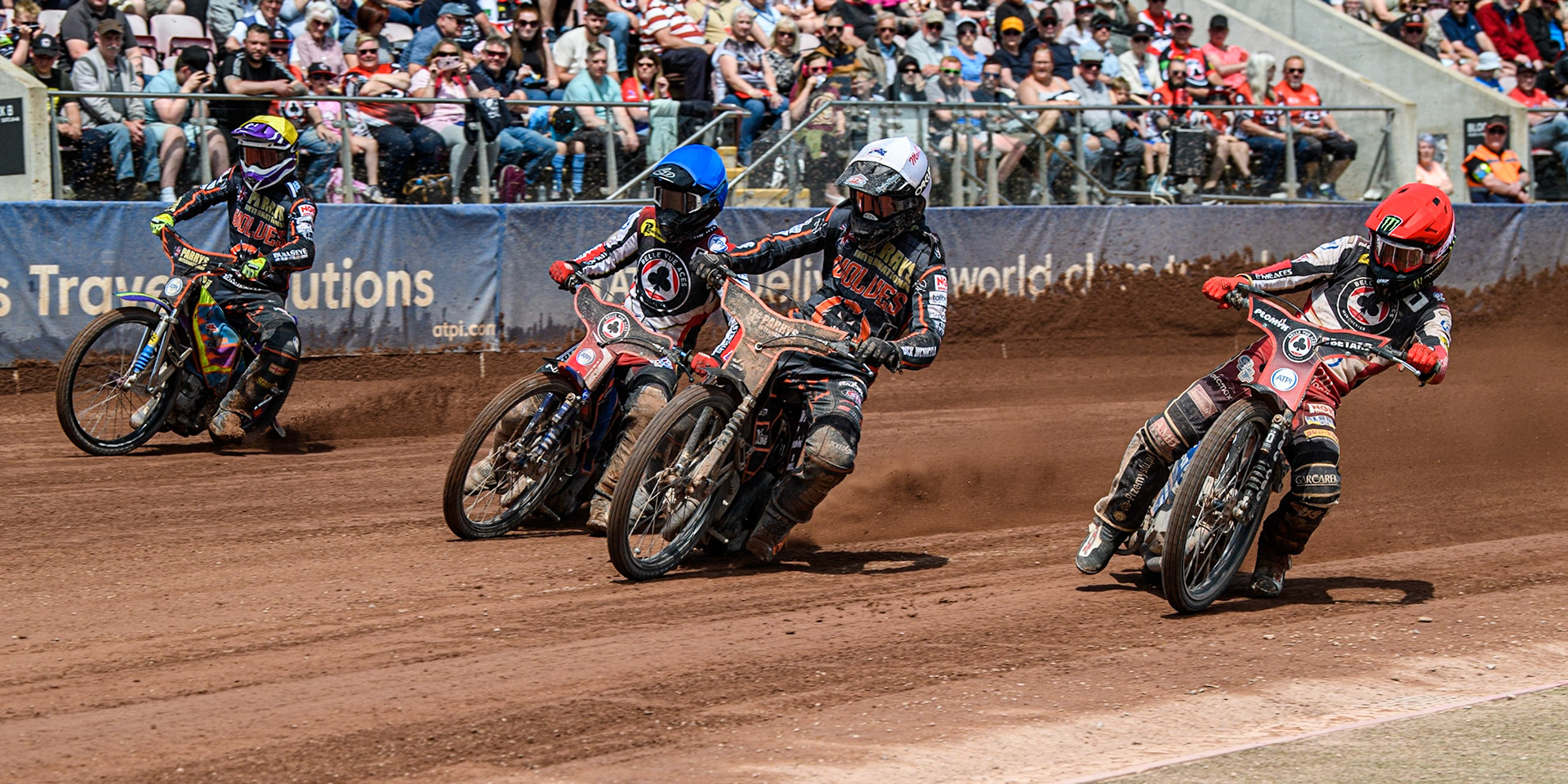 Dan Bewley (Red) inside Sam Masters (White), Brady Kurtz (Blue) and Rory Schlein (Yellow) during the Sports Insure Premiership match between Belle Vue Aces and Wolverhampton Wolves at the National Speedway Stadium, Manchester on Monday 29th May 2023. (Photo: Ian Charles | MI News)