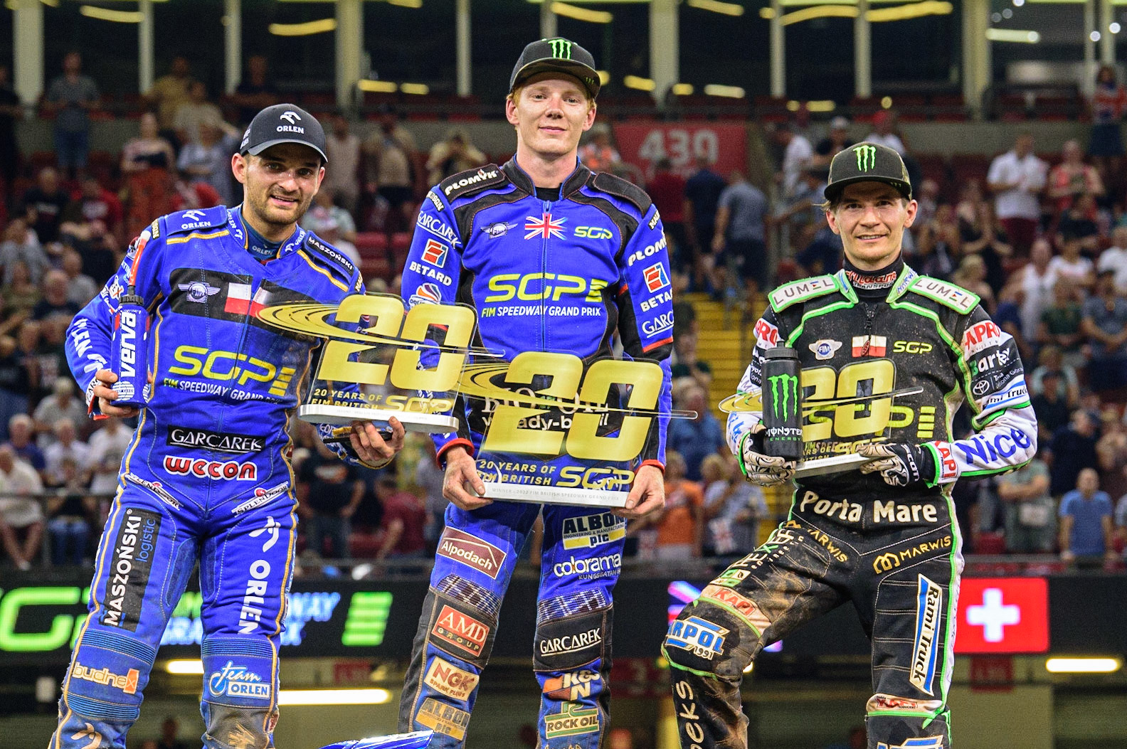 Top 3: (l - r) Bartosz Zmarzlik (95) - 2nd, Dan Bewley (99) Winner and Patryk Dudek (692) - 3rd during the FIM  Speedway Grand Prix of Great Britain at the Principality Stadium, Cardiff on Saturday 13th August 2022. (Credit: Ian Charles | MI News