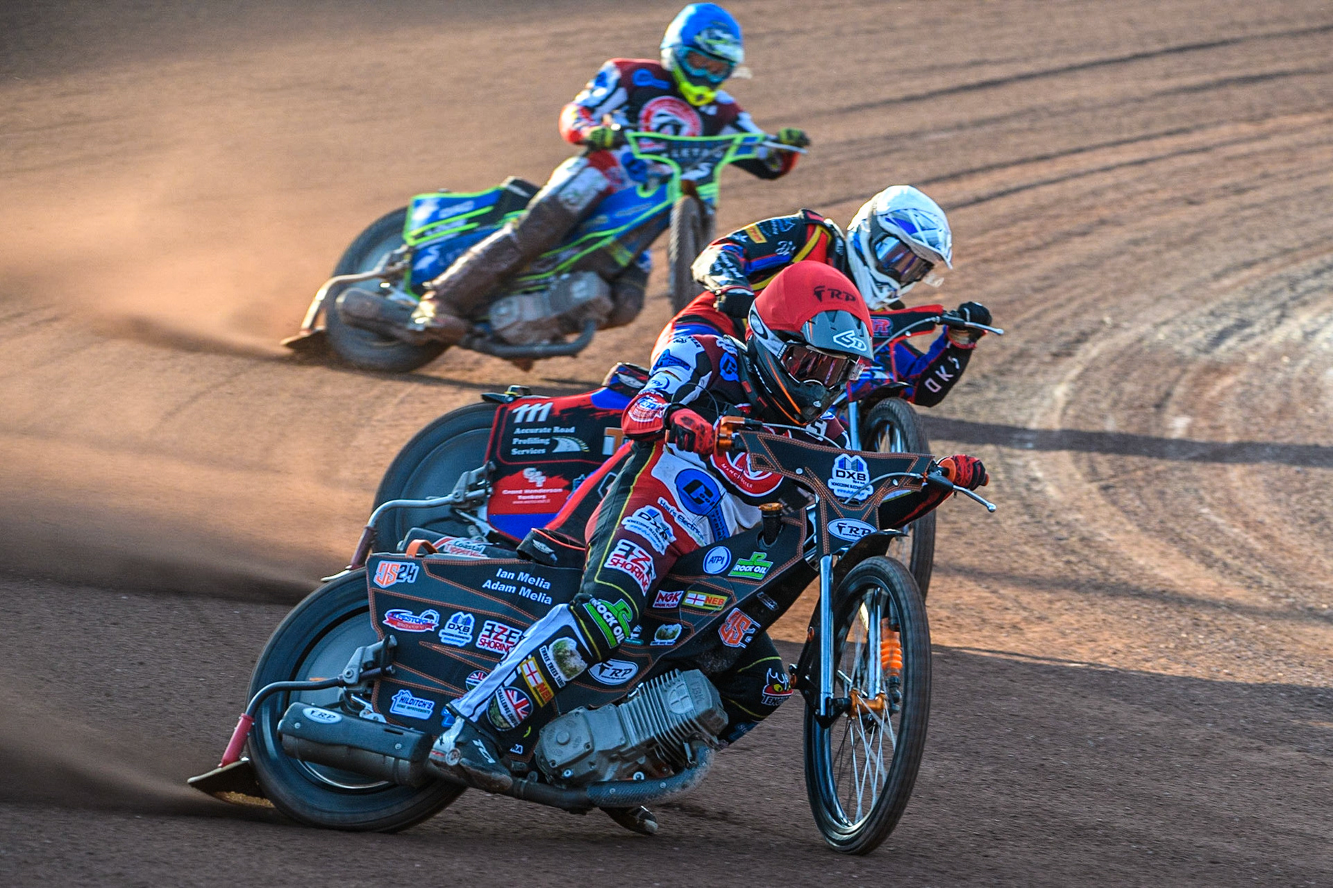 Jack Smith (Red) leads Jacob Hook (White) with Luke Muff(Blue) behind during the National Development League match between Belle Vue Colts and Kent Royals at the National Speedway Stadium, Manchester on Friday 7th July 2023. (Photo: Ian Charles | MI News)