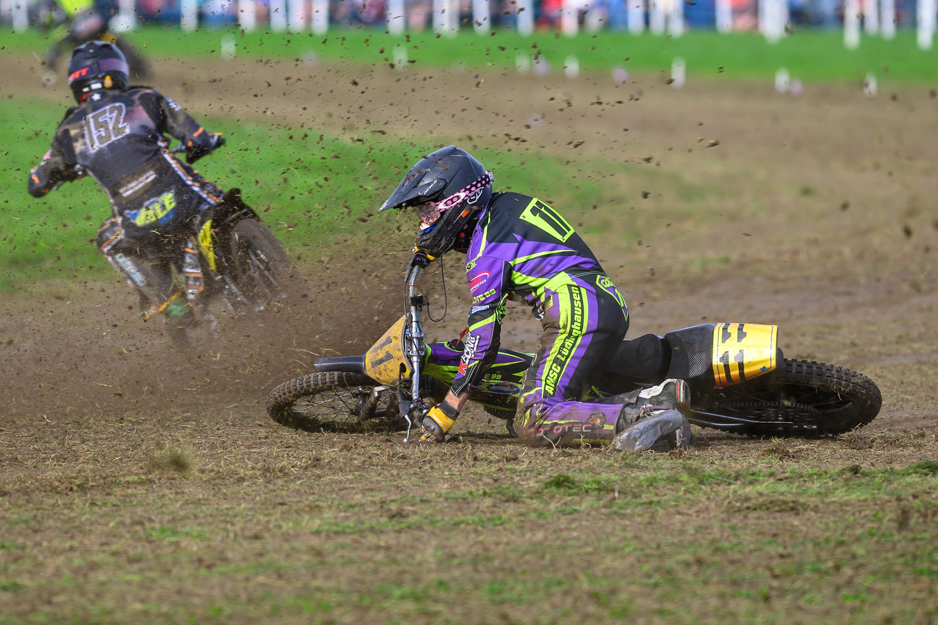 British Masters (Solos): Paul Cooper (11)  comes to grief on the loose area of the track during the British Masters Grasstrack Championship at Lower Marsh Farm, Much Hoole, Preston in Lancashire, England on Sunday 13th September 2026. (Photo: Ian Charles | MI News)