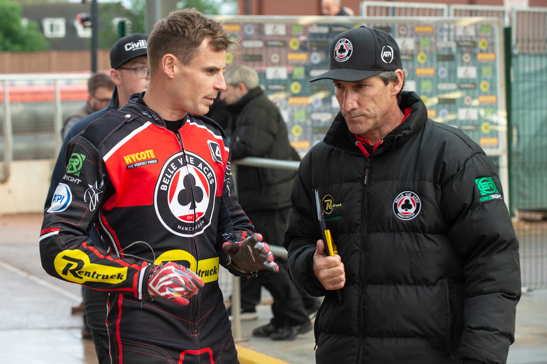 Photo by Ian Charles:

Steve Worrall  (left) with Mark Lemon 

Belle Vue Aces v Peterborough Panthers, British Speedway Premiership, National Speedway Stadium, Manchester, Thursday, 13, June, 2019
