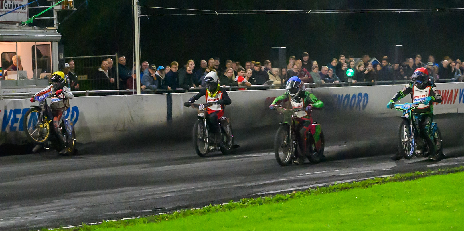 Heat 14 start: (L to R) Jacob D. Jensen of Denmark in Yellow, Reserve Bjorn Boersma of The Netherlands  in White, Zoltan Lovas of Hungary in Blue and Jeffrey Sijbesma of The Netherlands in Red during the Gouden KENNY Helm at Speedway Veenoord, Veenoord in the Netherlands on Saturday 19th September 2026. (Photo: Ian Charles | MI News)