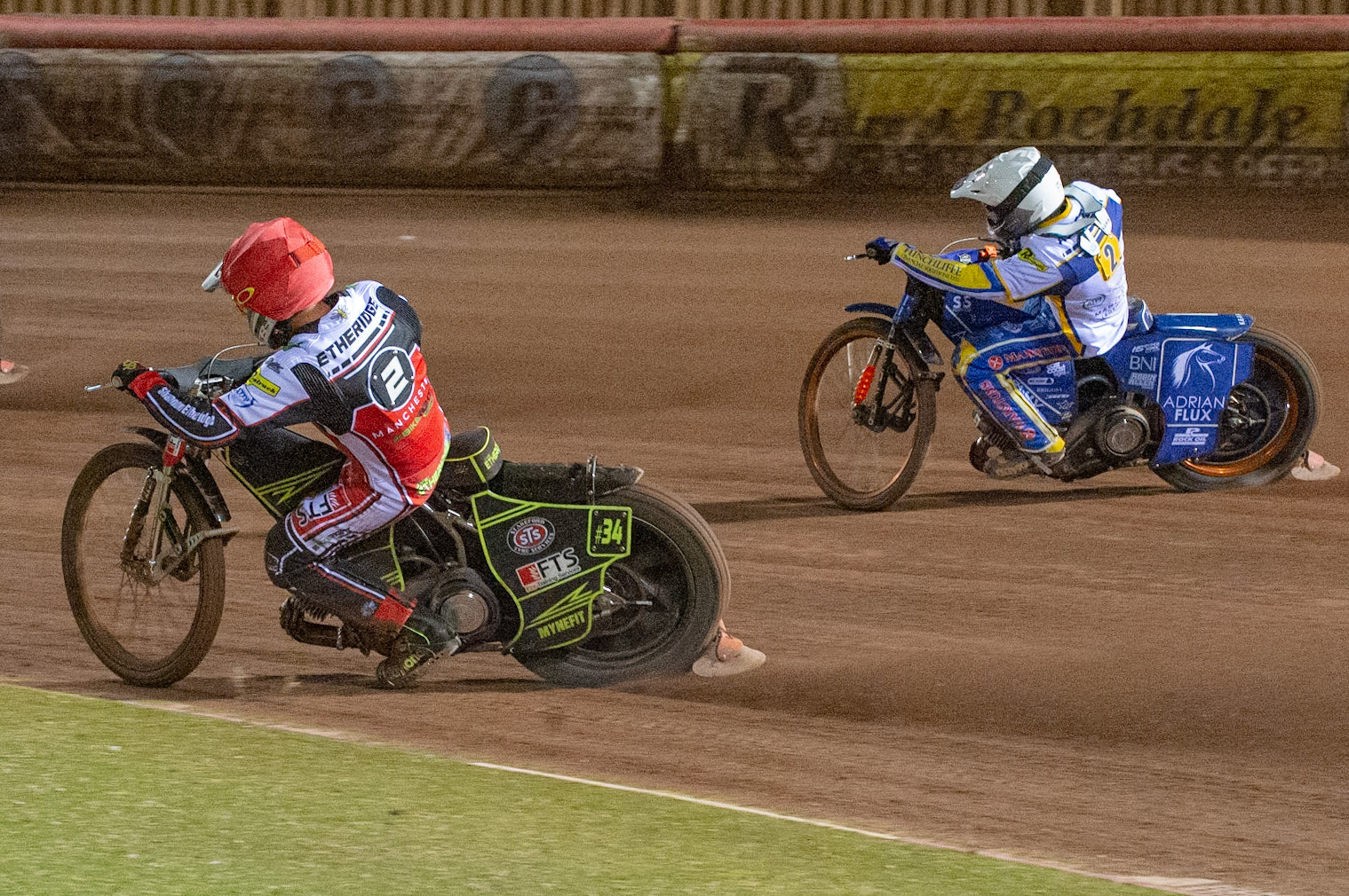 Photo: Ian CharlesJye Etheridge of Belle Vue 'BikeRight' Aces  (Red) tries to go inside Lewis Kerr of the 'ATPI' All Stars (White)Belle Vue ‘Bikerite ’Aces v ‘ATPI’ All Stars, Premiership Challenge, National Speedway Stadium, Manchester Thursday  24  September  2020
