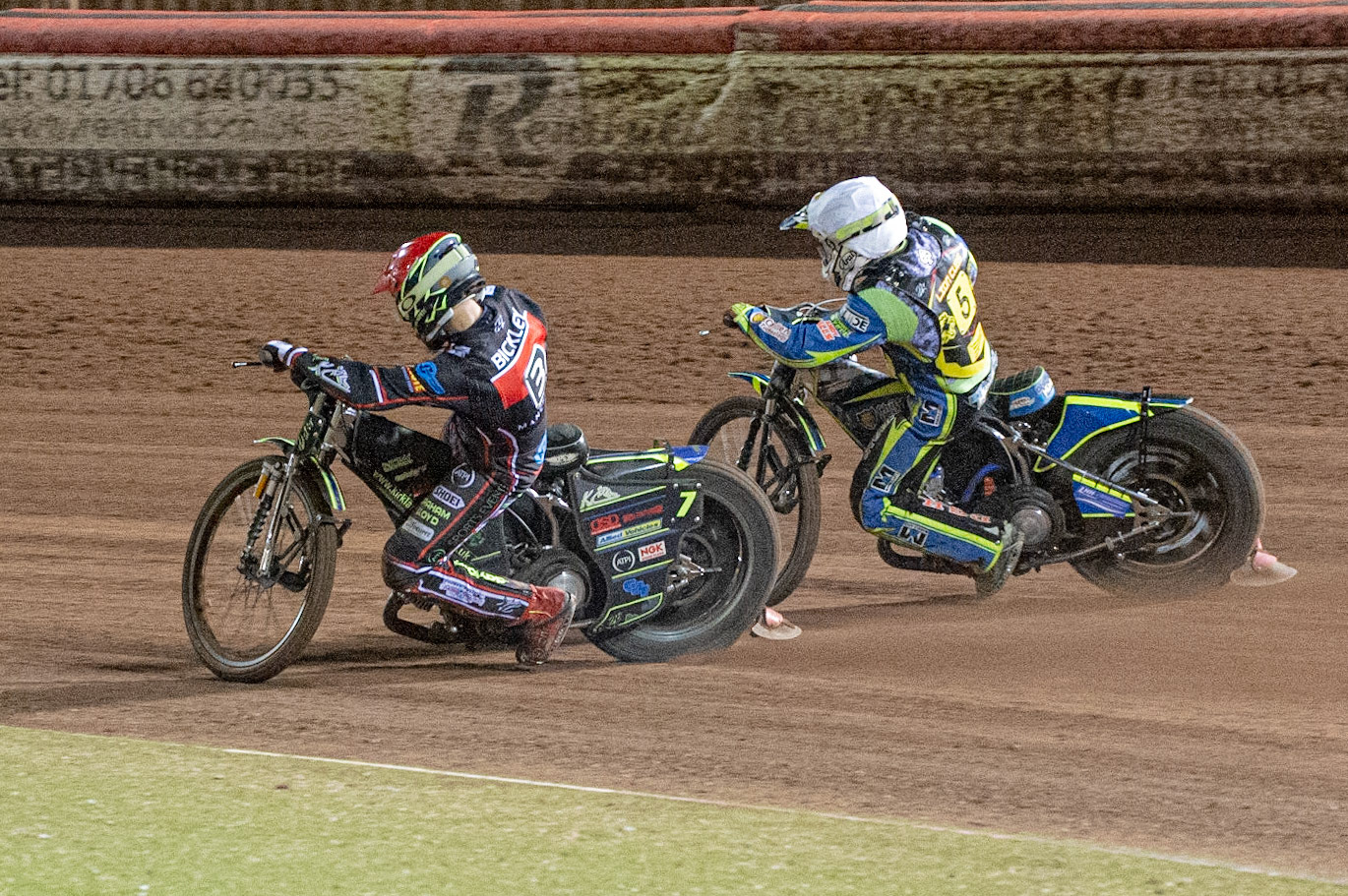 Photo: Ian Charles

Kyle Bickley   (Red) passes Danyon Hume (White)  on the inside 

Belle Vue Colts v Leicester Lion Cubs, SGB National League KO Cup Final (2nd Leg), Belle Vue National Speedway Stadium, Manchester, Tuesday 29  October  2019