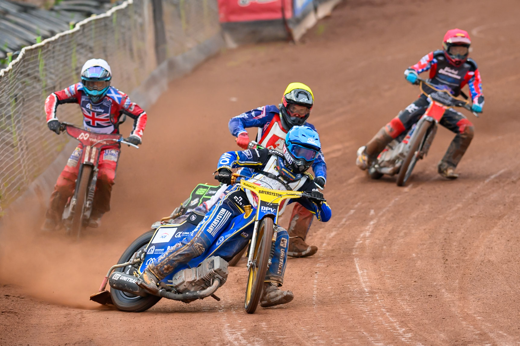 Jan Przanowski of Poland in Blue leading Jan Jenicek of Czechia in Yellow, Ashton Boughen of Great Britain in White and Timmy Dion of the United States in Red during the FIM SGP2 Qualifying Round at the Peugeot Ashfield Stadium in Glasgow on Saturday 24th May 2025. (Photo: Ian Charles | MI News)