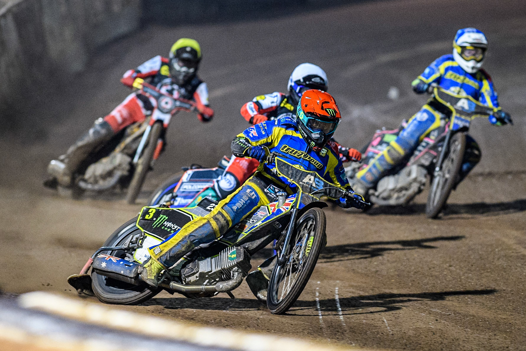 Sheffield Tigers' Chris Holder  in Red leading Belle Vue Aces' Brady Kurtz  in White, Belle Vue Aces' Norick Blodorn  in Yellow and Sheffield Tigers' Josh Pickering  in Blue during the Rowe Motor Oil Premiership Play Off Semi Final 2nd leg between Sheffield Tigers and Belle Vue Aces at Owlerton Stadium, Sheffield on Thursday 19th September 2024. (Photo: Ian Charles | MI News)