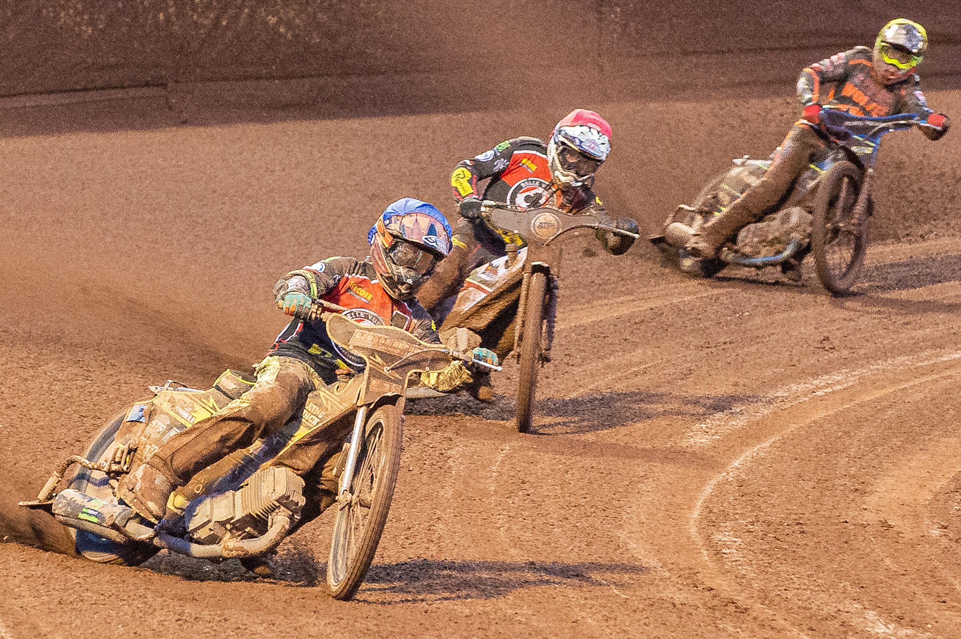 Photo by Ian Charles:

Belle Vue Aces'  guest Jye Etheridge (Blue) leads Steve Worrall (Red) and Ryan Douglas (Yellow)

Belle Vue Aces v Wolverhampton Wolves, SGB Premiership, National Speedway Stadium, Manchester, Monday, 19, August, 2019