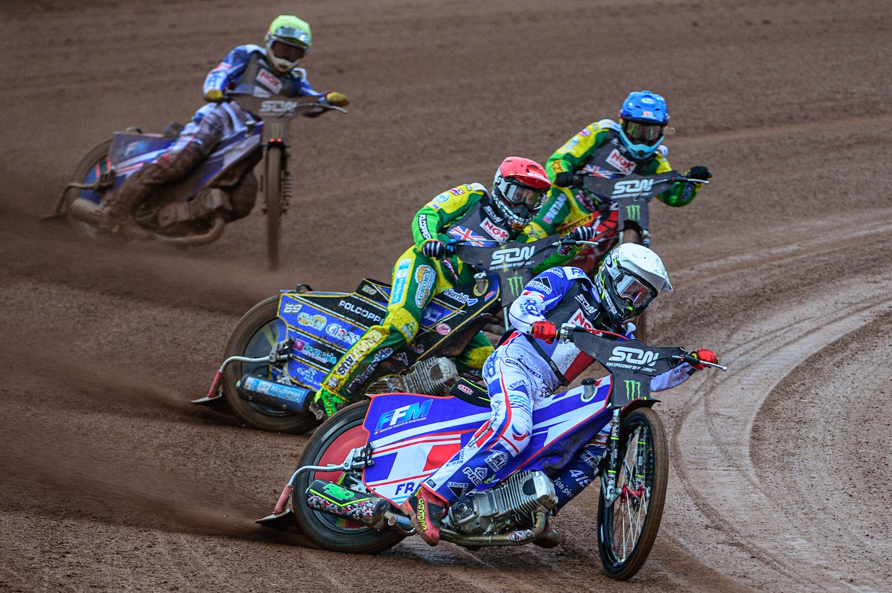 MANCHESTER, UK. OCT 17TH David Bellego of France (White) leads Jason Doyle of Australia (Red), Max Fricke of Australia (Blue) and Dmitri Berge of France (Yellow)during the Monster Energy FIM Speedway of Nations at the National Speedway Stadium, Manchester on Sunday  17th October 2021. (Credit: Ian Charles | MI News)