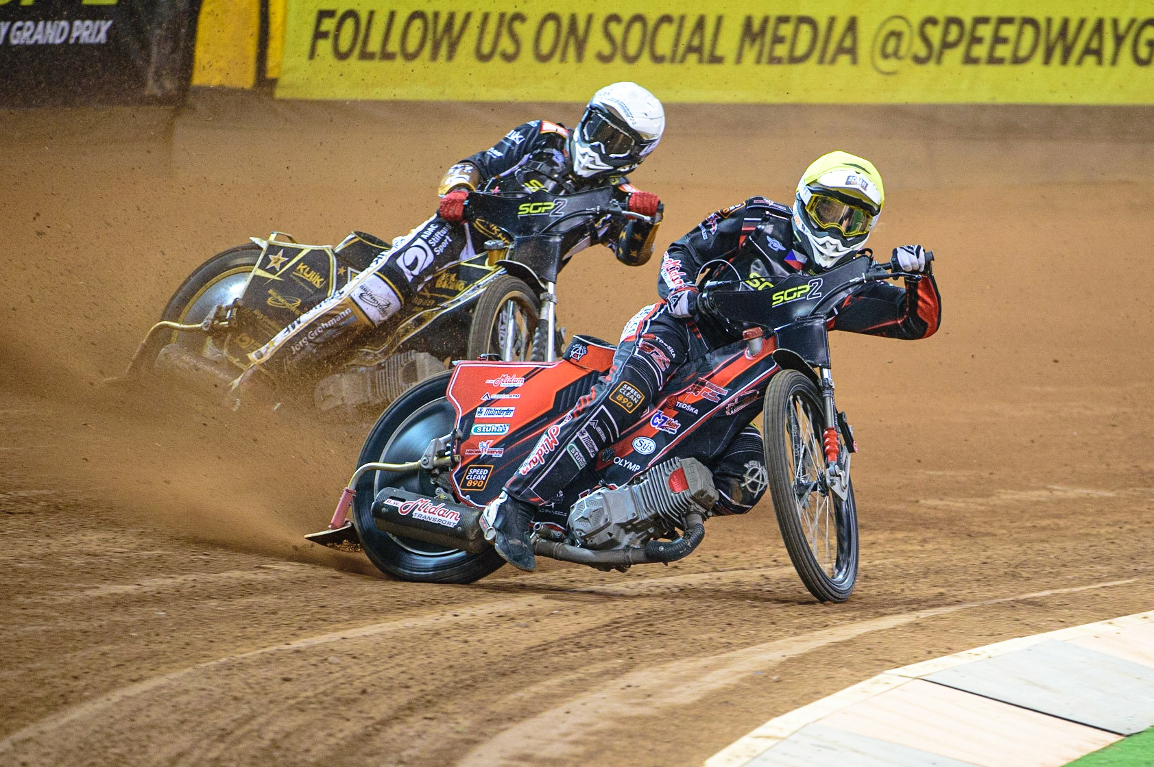 Jan Kvech (Czech Republic)  (Yellow) leads Norick Blodorn (Germany)  (White) during the FIM  Speedway Grand Prix  2 of Great Britain at the Principality Stadium, Cardiff on Sunday 14th August 2022. (Credit: Ian Charles | MI News)