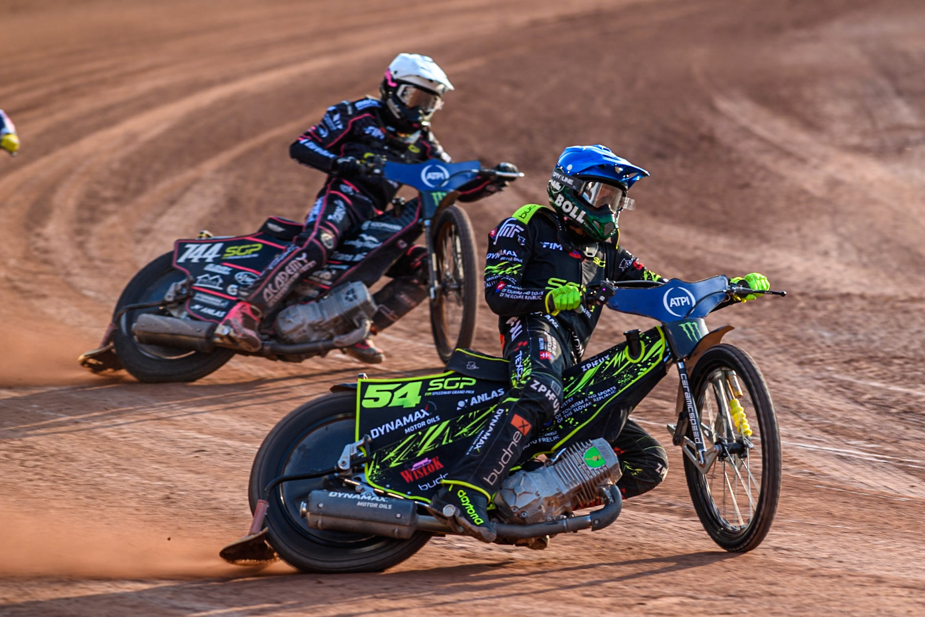 Martin Vaculik (54) of Slovakia in Blue leading Kai Huckenbeck (744) of Germany in White during the ATPI FIM Speedway Grand Prix Round 5 at the National Speedway Stadium, Manchester, on Saturday 14th June 2025. (Photo: Ian Charles | MI News)
