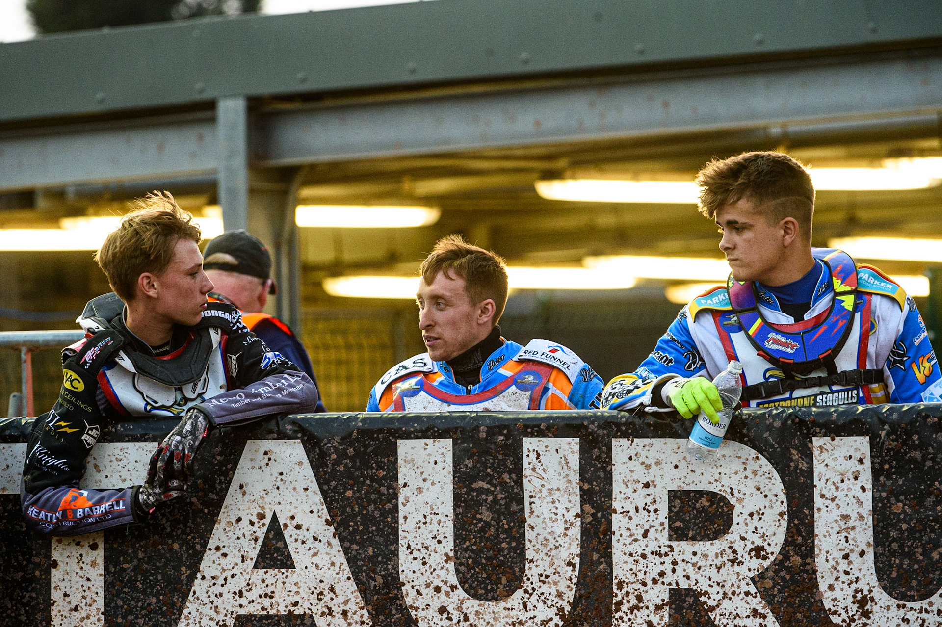 MANCHESTER, UK. JULY 23RD (l-r) Vinnie Foord  , Danno Verge  and Nathan Ablitt  during the National Development League match between Belle Vue Colts and Eastbourne Seagulls at the National Speedway Stadium, Manchester on Friday 23rd July 2021. (Credit: Ian Charles | MI News)