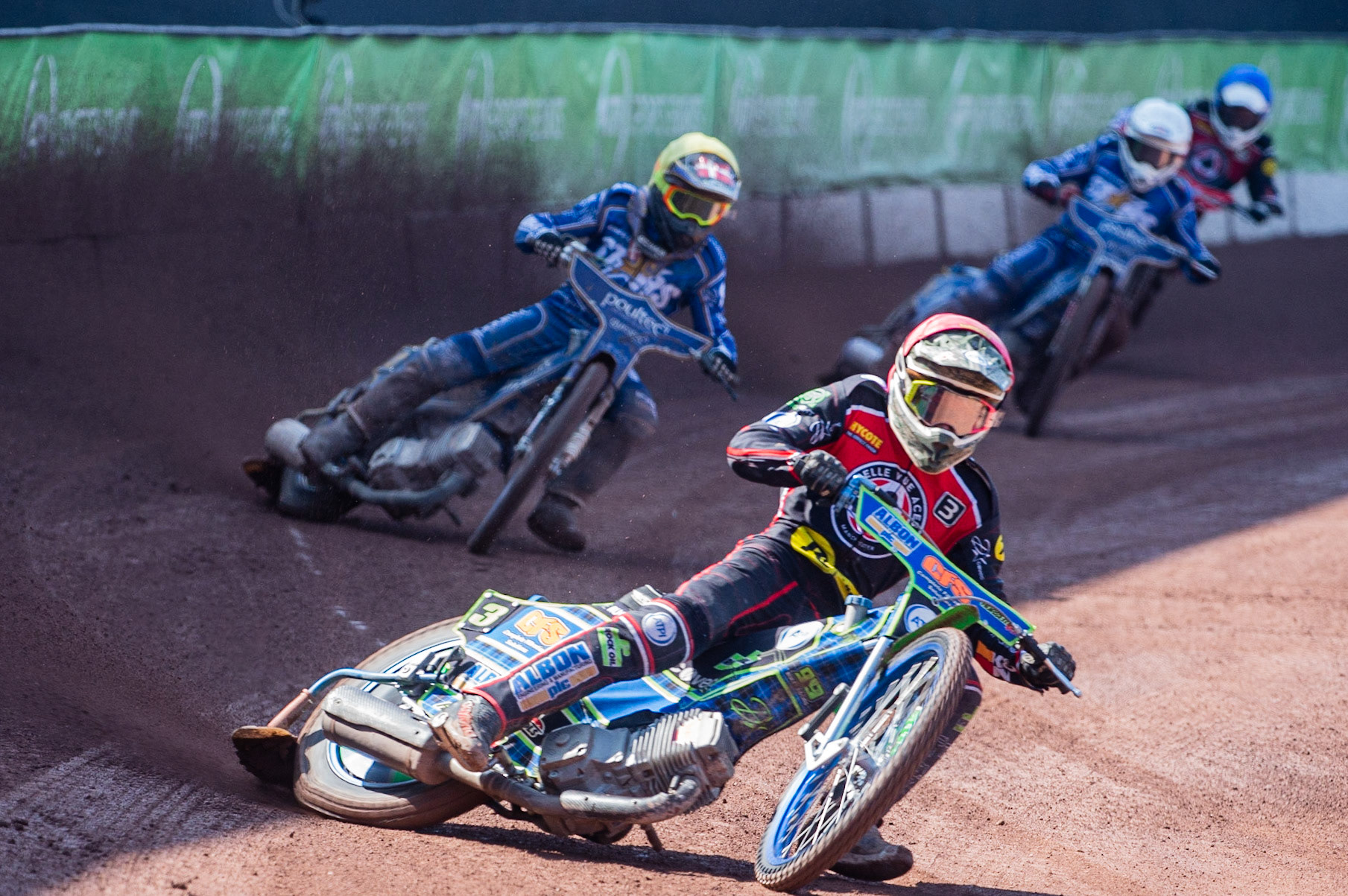 Photo: Ian Charles

Dan Bewley  (Red) leads Michael Palm Toft  (Yellow) Robert Lambert  (White) and Jaimon Lidsey  (Blue)

Belle Vue Aces v Kings Lynn Stars, British Speedway Premiership, Belle Vue National Speedway Stadium, Manchester, Monday 26  August  2019