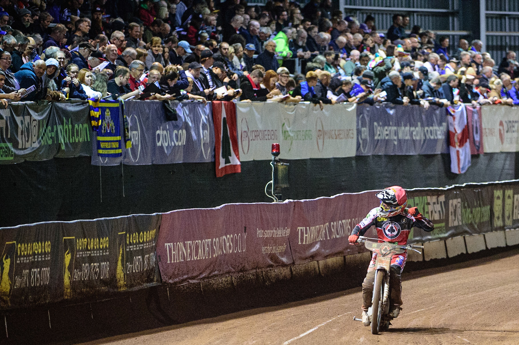 MANCHESTER, UK. OCT 7TH  Dan Bewley acknowledges the fans after his heat win during the SGB Premiership Play off Semi-Final Second Leg between Belle Vue Aces and Sheffield Tigers at the National Speedway Stadium, Manchester on Thursday 7th October 2021. (Credit: Ian Charles | MI News)