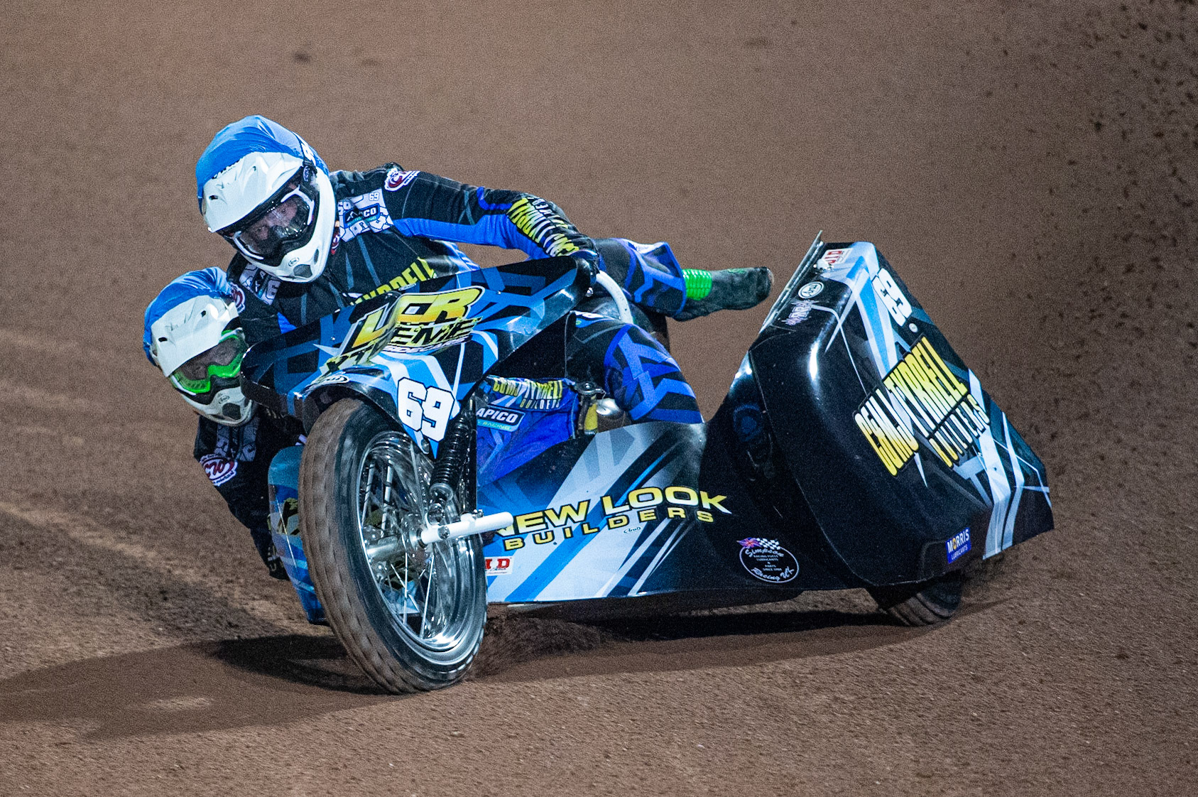 MANCHESTER, ENGLAND Matthew Tyrrell & Liam Brown (69) in action during the  ACU Sidecar Speedway Manchester Masters,  Belle Vue National Speedway Stadium, Manchester Saturday 12 October 2019 (Credit: Ian Charles | MI News)