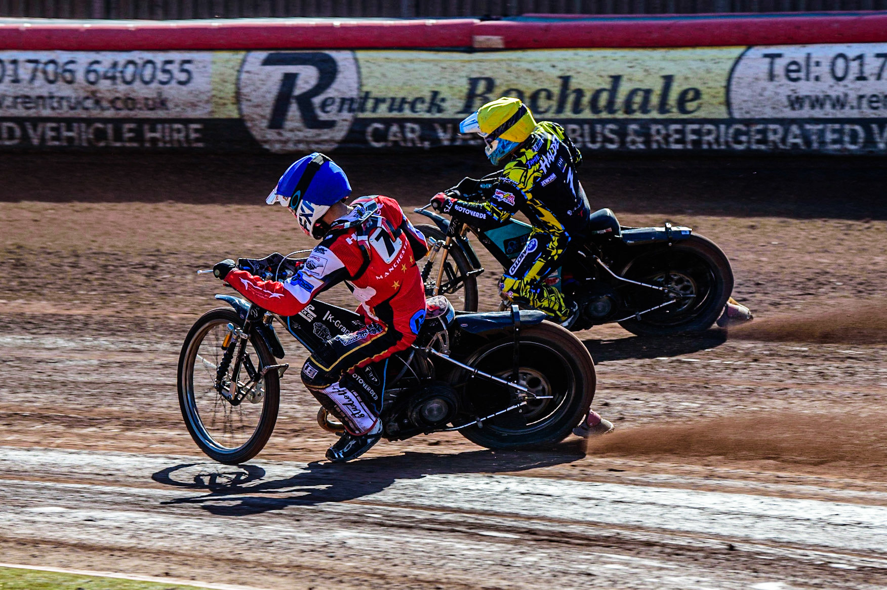 Freddy Hodder   (Blue) inside Jamie Halder  (Yellow) during the National Development League match between Belle Vue Colts and Berwick Bullets at the National Speedway Stadium, Manchester on Friday 7th April 2023. (Photo: Ian Charles | MI News)