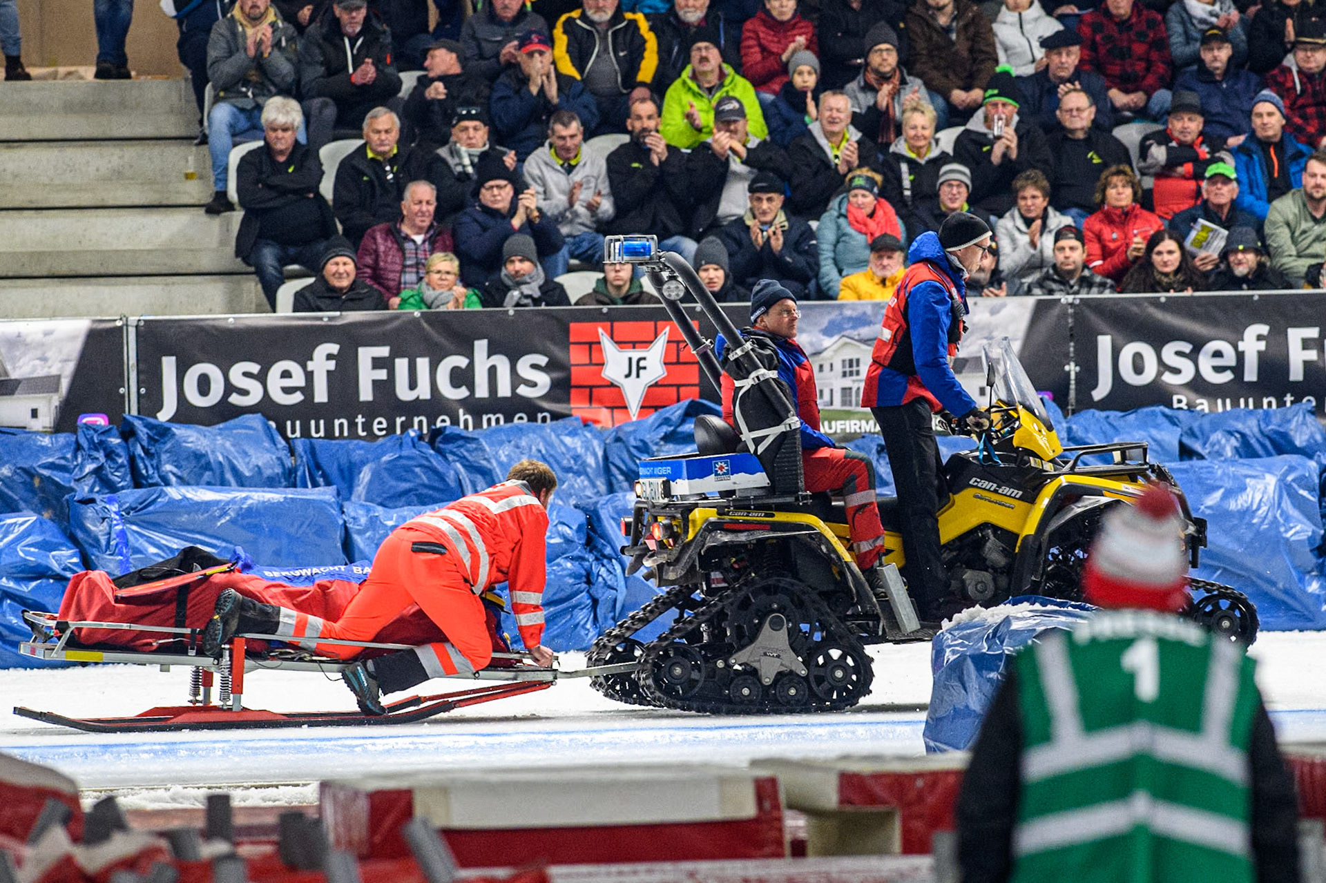 Germany's Johann Weber (33) is strechered off after his fall during the FIM Ice Speedway Gladiators World Championship Final 1 at the Max-Aicher-Arena, Inzell on Saturday 23 March 2024. (Photo: Ian Charles | MI News)