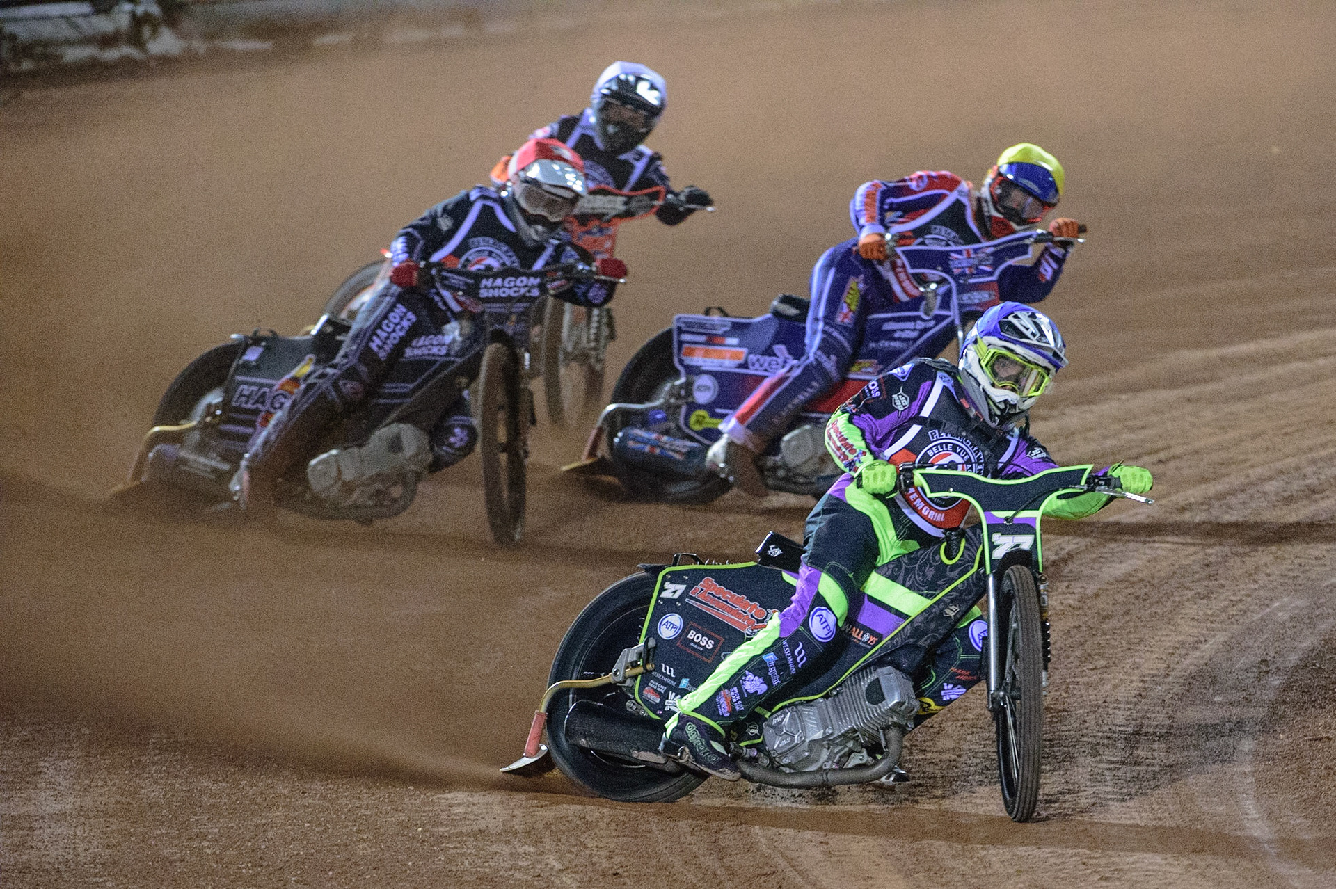MANCHESTER, UK. OCT 23RD  Tom Brennan  (Blue) leads Jordan Palin  (Yellow), Broc Nicol  (Red) and Luke Becker  (White) during the Peter Craven Memorial Trophy event at the National Speedway Stadium, Manchester on Saturday 23rd October 2021. (Credit: Ian Charles | MI News)