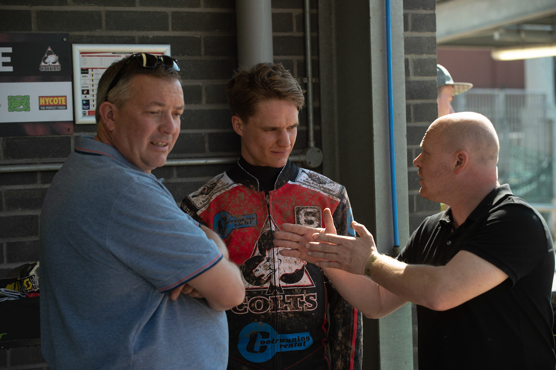 Photo: Ian Charles

Ben Rathbone (centre) gets some advice from his team 

Belle Vue Colts v Stoke Potters, National League, Belle Vue National Speedway Stadium, Manchester, Friday 19  April  2019