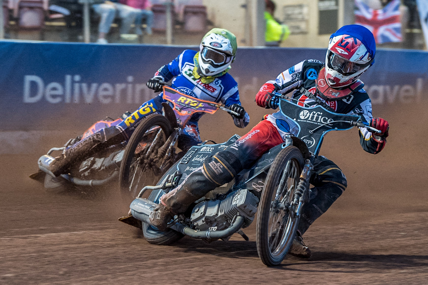 Freddy Hodder (Blue) leads  Elliot Kelly (Yellow) during the National Development League match between Belle Vue Colts and Workington Comets at the National Speedway Stadium, Manchester on Friday 25th August 2023. (Photo: Ian Charles | MI News)