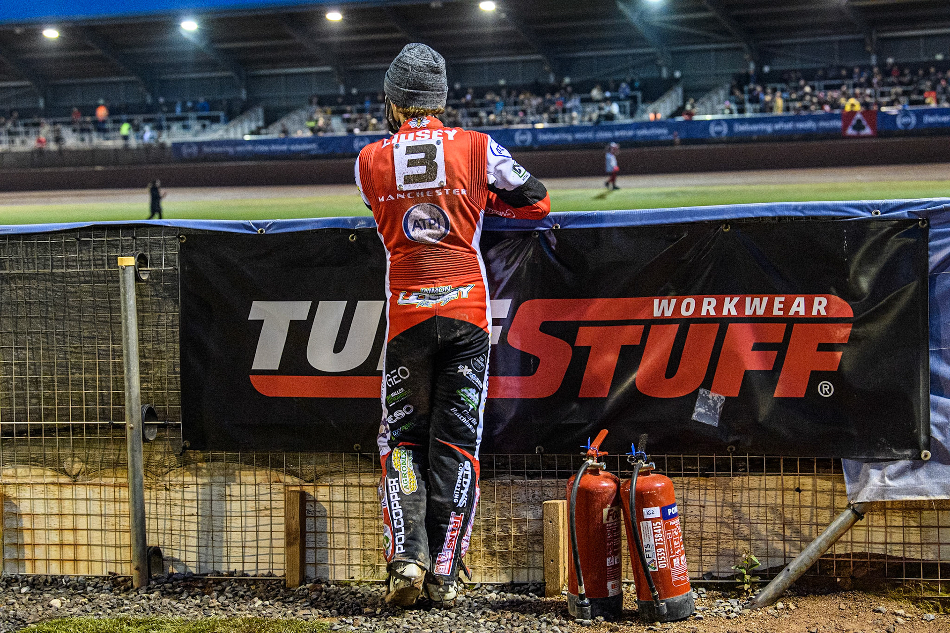 Belle Vue Aces' Jaimon Lidsey watches the track prep during the Rowe Motor Oil Premiership match between Belle Vue Aces and Ipswich Witches at the National Speedway Stadium, Manchester on Monday 22nd April 2024. (Photo: Ian Charles | MI News)