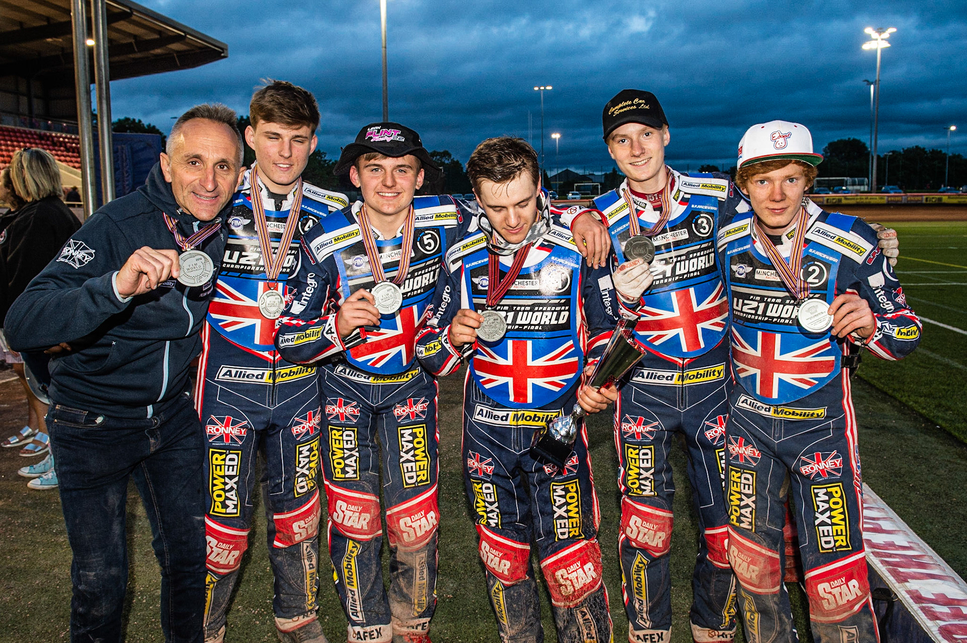 Photo: Ian Charles

Team GB - Silver medalists (l-r) Neil Vatcher, Kyle Bickley, Leon Flint, Robert Lambert, Drew Kemp, Dan Bewley

FIM Team Speedway U-21 World Championship, National Speedway Stadium, Manchester Friday 12 July  2019