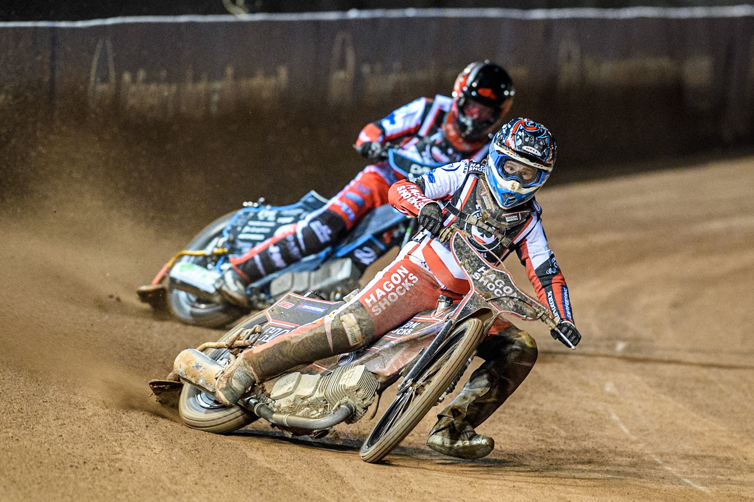 A reserves race with Reserve Sam Hagon leading Reserve Freddy Hodder during the Peter Craven Memorial Trophy meeting at the National Speedway Stadium, Manchester on Monday 18th March 2024. (Photo: Ian Charles | MI News)