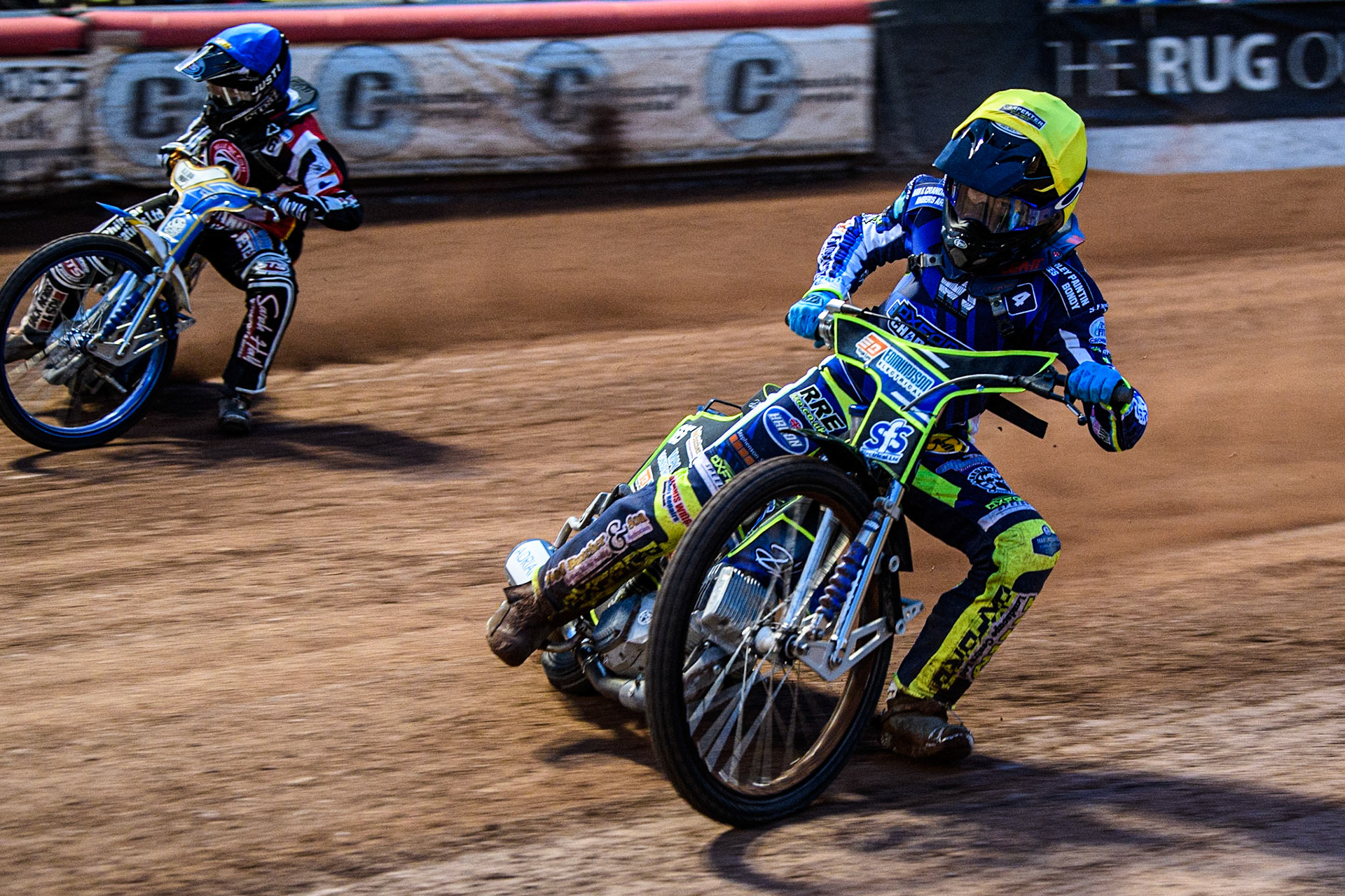 Jody Scott  (Yellow) inside Jack Shimelt  (Blue) during the National Development League match between Belle Vue Colts and Oxford Chargers at the National Speedway Stadium, Manchester on Friday 12th May 2023. (Photo: Ian Charles | MI News)