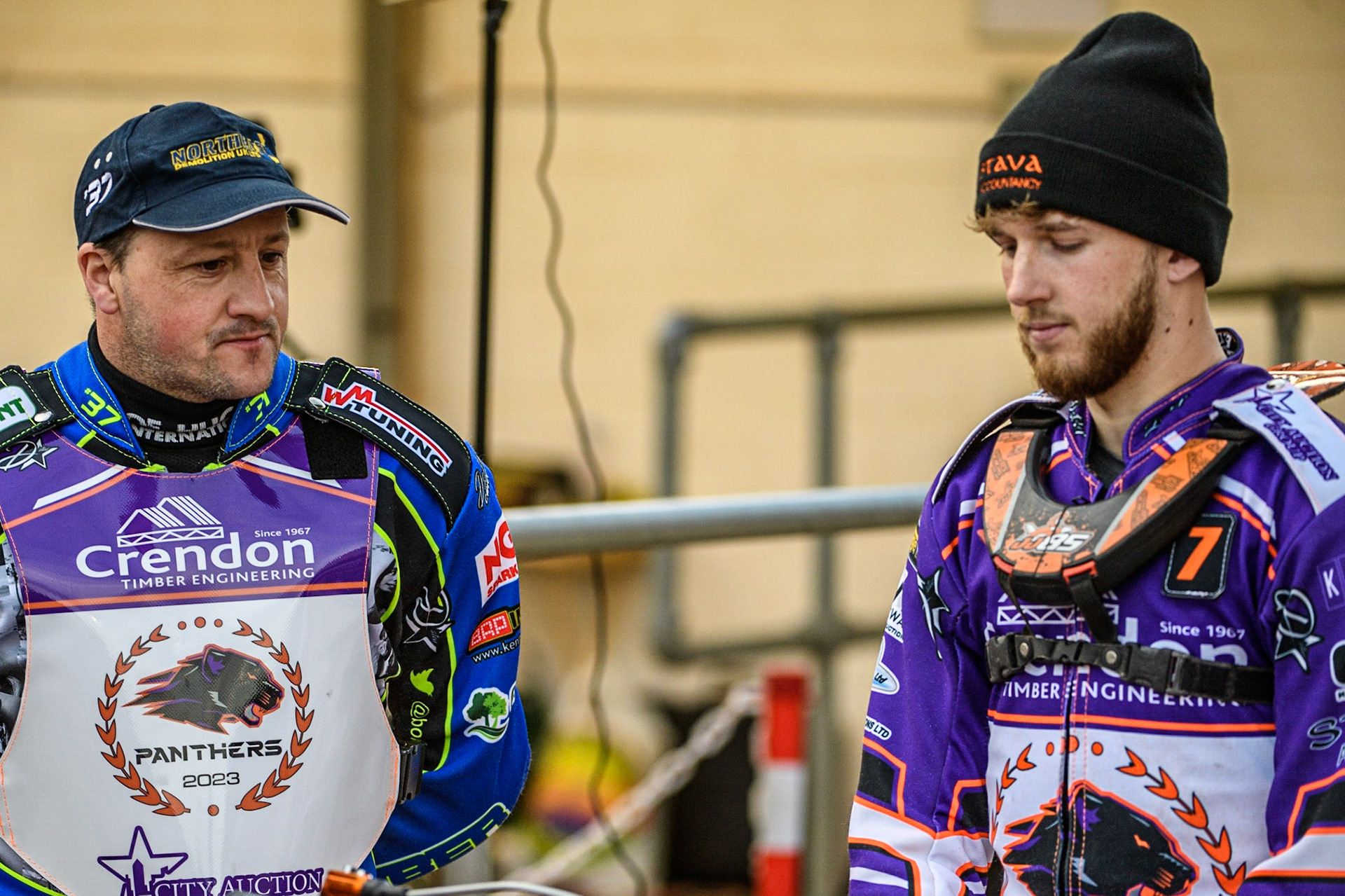 Chris Harris   (left) chats with Jordan Jenkins during the SGB Premiership match between Belle Vue Aces and Peterborough at the National Speedway Stadium, Manchester on Monday 24th April 2023. (Photo: Ian Charles | MI News)