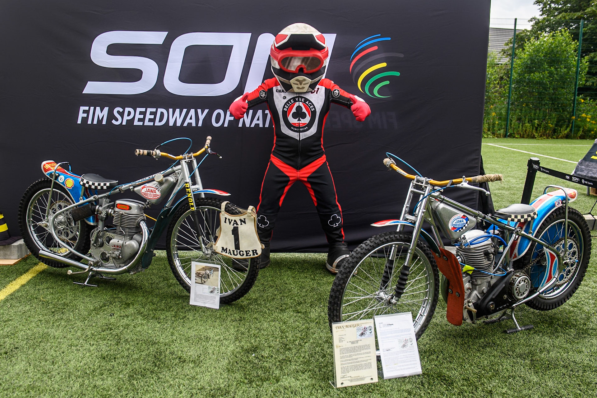 Belle Vue Mascot Chase The Ace with the Ivan Mauger display during the Monster Energy FIM Speedway of Nation Final at the National Speedway Stadium, Manchester on Saturday 13th July 2024. (Photo: Ian Charles | MI News)