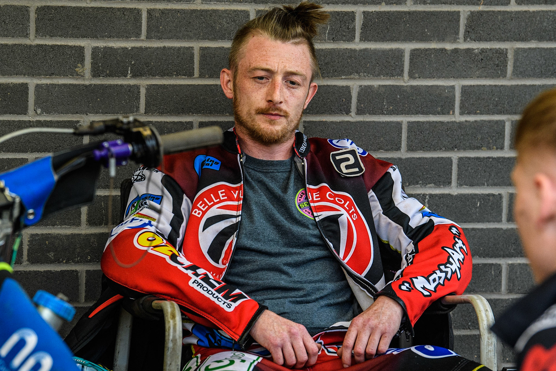 Luke Muff relaxes before the racing during the National Development League match between Belle Vue Colts and Mildenhall Fens Tigers at the National Speedway Stadium, Manchester on Friday 26th May 2023. (Photo: Ian Charles | MI News)