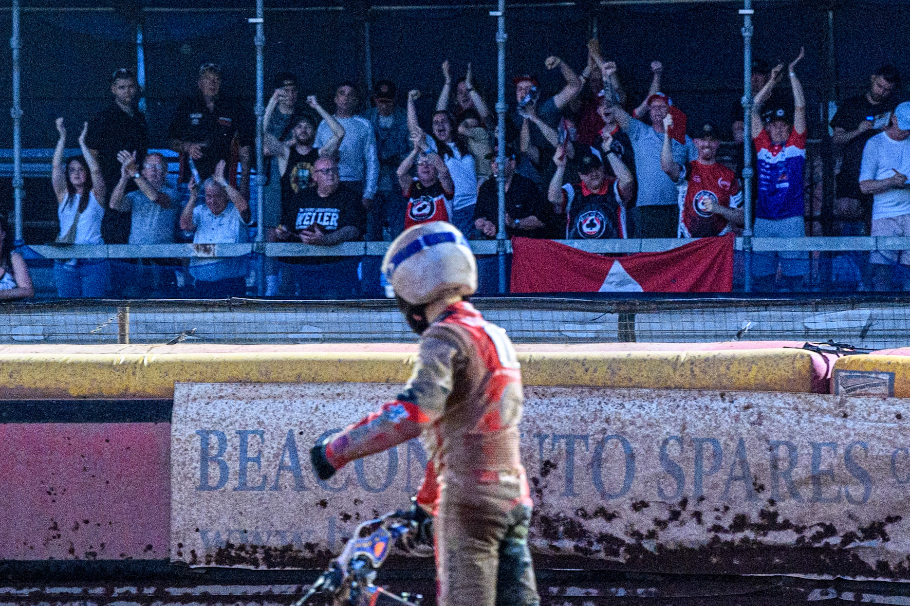 Belle Vue fans cheer for Belle Vue Aces' Brady Kurtz after his match winning ride during the Rowe Motor Oil Premiership match between Birmingham Brummies and Belle Vue Aces at Perry Bar Stadium, Birmingham on Monday 29th July 2024. (Photo: Ian Charles | MI News)