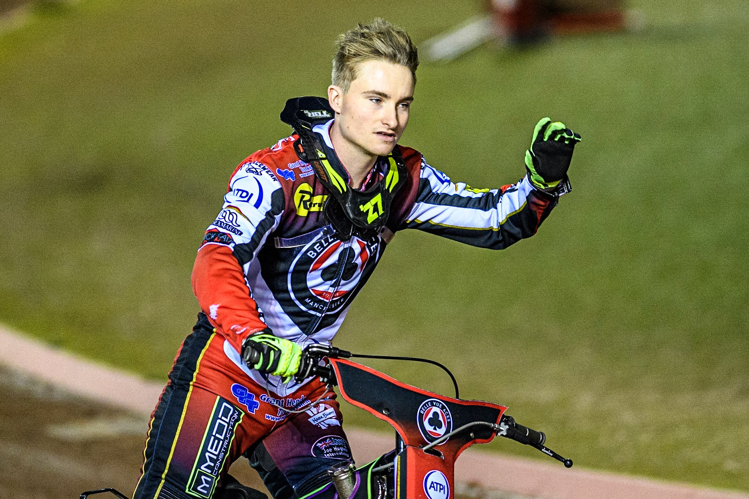 Erik Riss on the pre meeting parade during the Sports Insure Premiership Semi Final Playoff 2nd leg match between Belle Vue Aces and Ipswich Witches at the National Speedway Stadium, Manchester on Monday 25th September 2023. (Photo: Ian Charles | MI News)