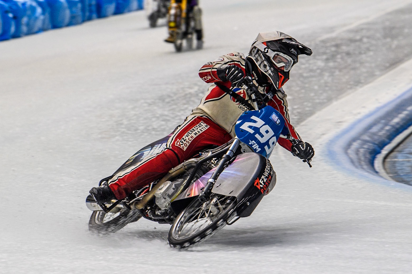 Martin Posch (299) of Austria in action during practice for  the Ice Speedway Gladiators World Championship Finals 1 &amp; 2 at Max-Aicher-Arena, Inzell on Friday 14th March 2025. (Photo: Ian Charles | MI News)