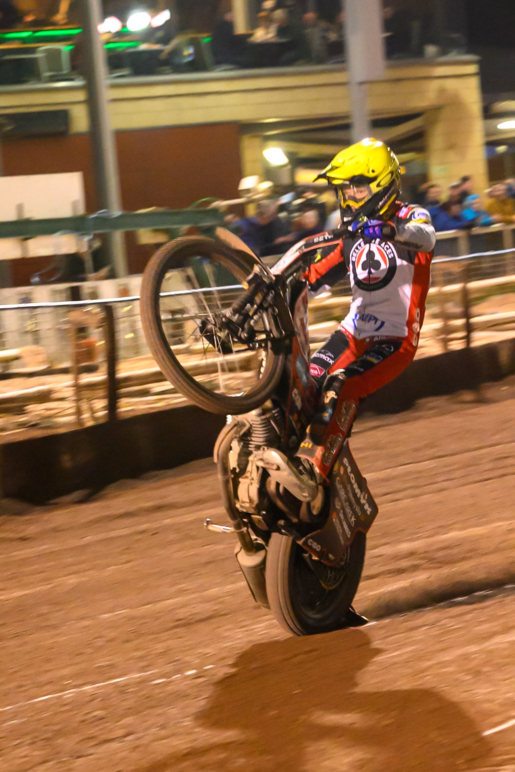 Dan Bewley of Belle Vue Aces does a wheelie during the Knockout Cup Northern Section match between Sheffield Tigers and Belle Vue Aces at Owlerton Stadium, Sheffield on Thursday 2nd April 2026. (Photo: Ian Charles | MI News)