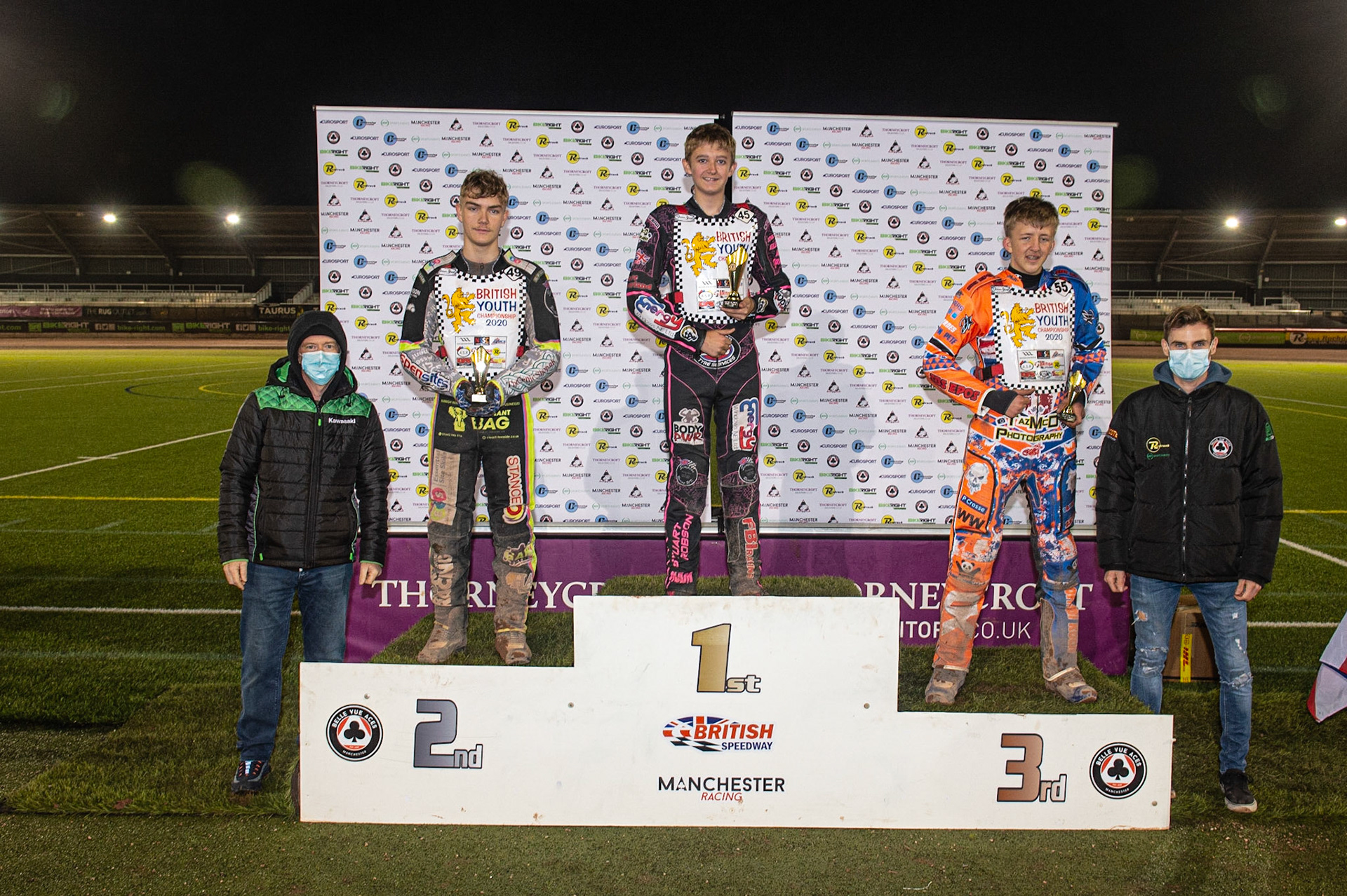 Photo: Ian Charles500cc B Class Final R5:(l-r) Jason Crump, Alex Goldsborough (2nd), Danny Smith (1st), Sam Peters (3rd) Steve Worrall British Youth Speedway Championship (Round 5), National Speedway Stadium, Manchester Saturday  10  October  2020