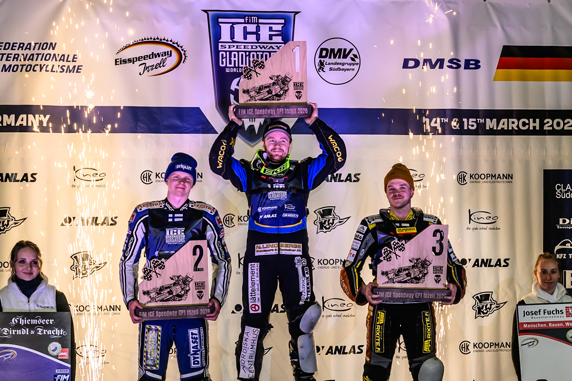 Final 1 Top 3; (L to R) Max Koivula (24) of Finland (2nd), Martin Haarahiltunen (199) of Sweden (Winner), Heikki Huusko (67) of Finland (3rd) during the Ice Speedway Gladiators World Championship Final 1 at Max-Aicher-Arena, Inzell on Saturday 14th March 2026. (Photo: Ian Charles | MI News)