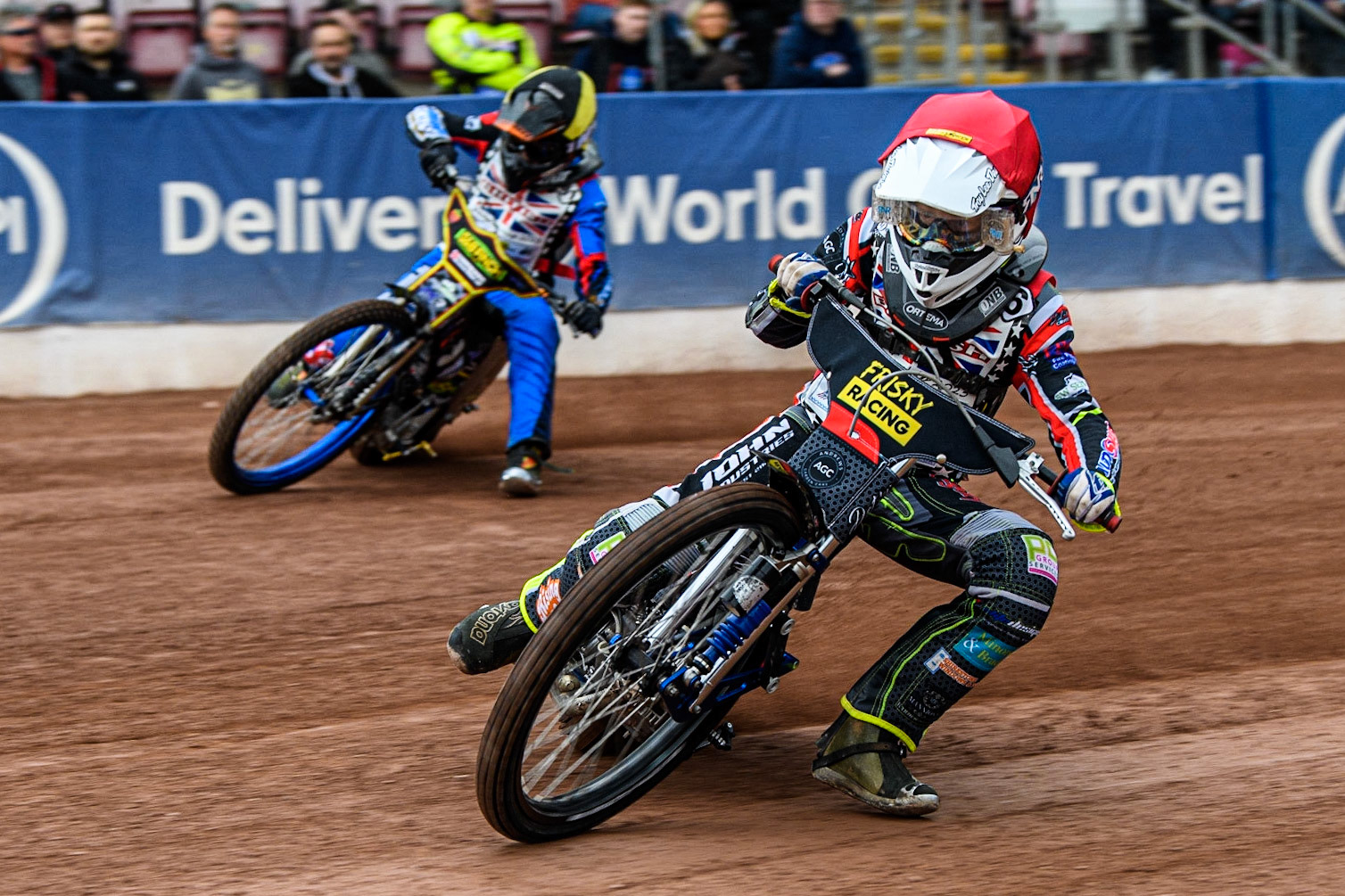 Adam Sydyk (Red) leads Oliver Binns  (Yellow) during the British Youth Championships at the National Speedway Stadium, Manchester on Friday 12th May 2023. (Photo: Ian Charles | MI News)