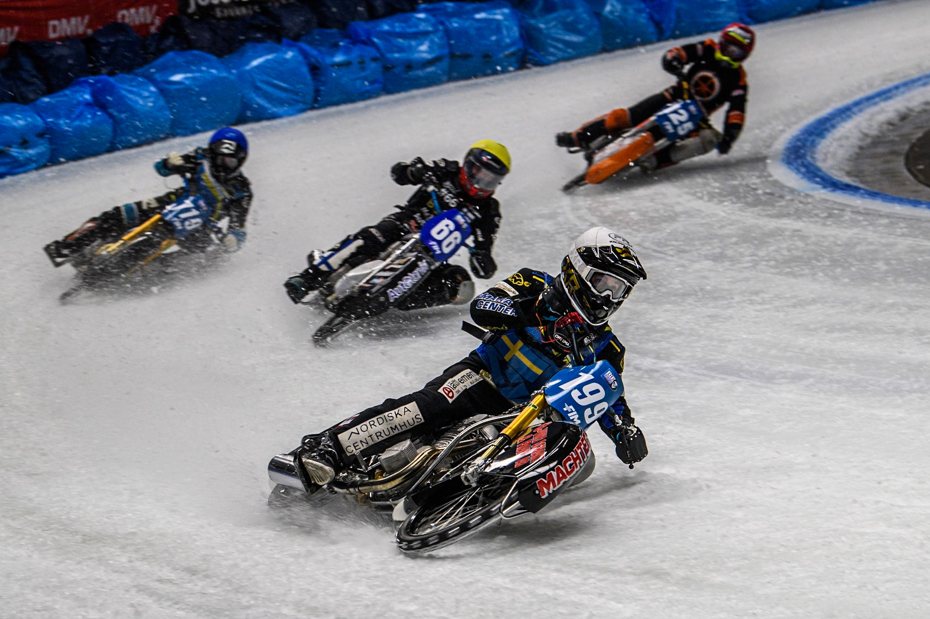 Martin Haarahiltunen (199) of Sweden in White leading Aki Ala-Riihimäki (66) of Finland in Yellow Filip Jäger (719) of Sweden in Blue and Sebastian Reitsma (125) of The Netherlands in Red during the Ice Speedway Gladiators World Championship Final 1 at Max-Aicher-Arena, Inzell on Saturday 15th March 2025. (Photo: Ian Charles | MI News)