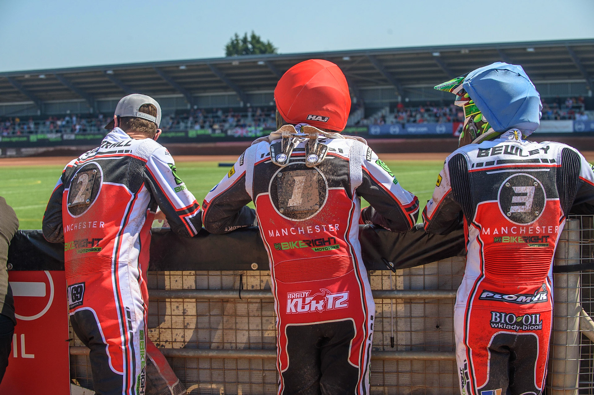 MANCHESTER, UK. MAY 31ST  (l-r) Richie Worrall , Brady Kurtz  and Dan Bewley watch the track prep for the final heat during the SGB Premiership match between Belle Vue Aces and Peterborough at the National Speedway Stadium, Manchester on Monday 31st May 2021. (Credit: Ian Charles | MI News)
