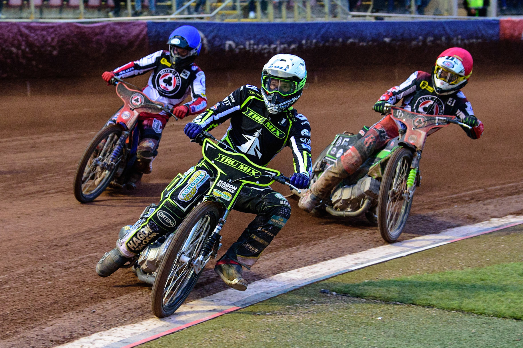 MANCHESTER, UK. JUN 6TH  Jason Doyle  (White) leads Charles Wright  (Red) and Brady Kurtz  (Blue) during the SGB Premiership match between Belle Vue Aces and Ipswich Witches at the National Speedway Stadium, Manchester on Monday 6th June 2022. (Credit: Ian Charles | MI News)