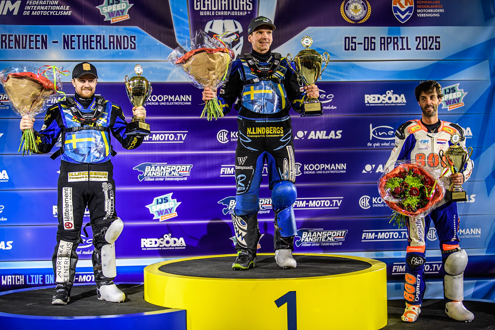 Sundays Top 3: (L to R) Martin Haarahiltunen (2nd), Niclas Svensson (Winner) Jasper Iwema (3rd) during the FIM Ice Speedway Gladiators World Championship, Final 4 at the Ice Stadium, Thialf, Heerenveen on Sunday 6th April 2025. (Photo: Ian Charles | MI News)