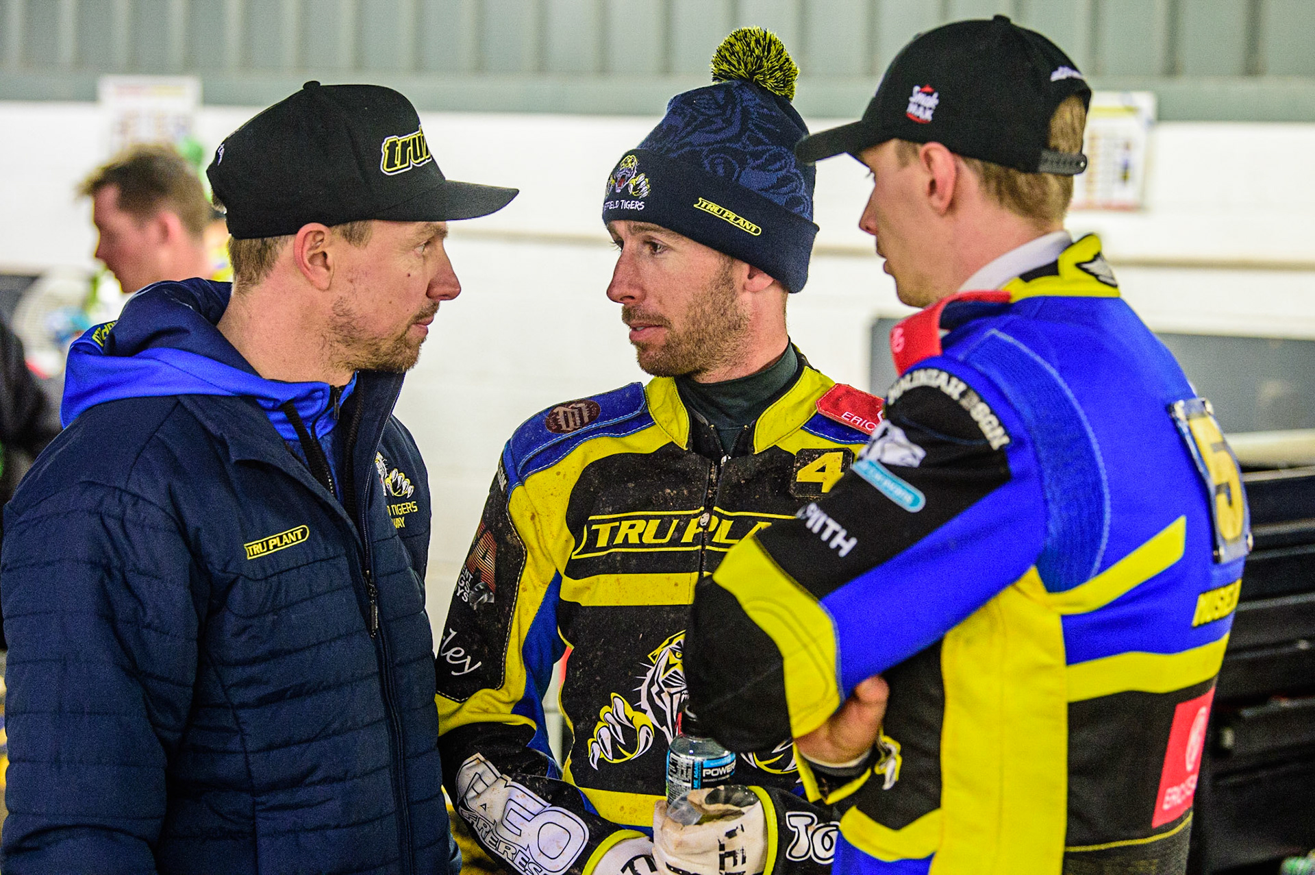 Simon Stead  (left) with David Bellego  and Tobiasz Musielak  (right) during the SGB Premiership match between Belle Vue Aces and Sheffield Tigers at the National Speedway Stadium, Manchester on Monday 27th March 2023. (Photo: Ian Charles | MI News)