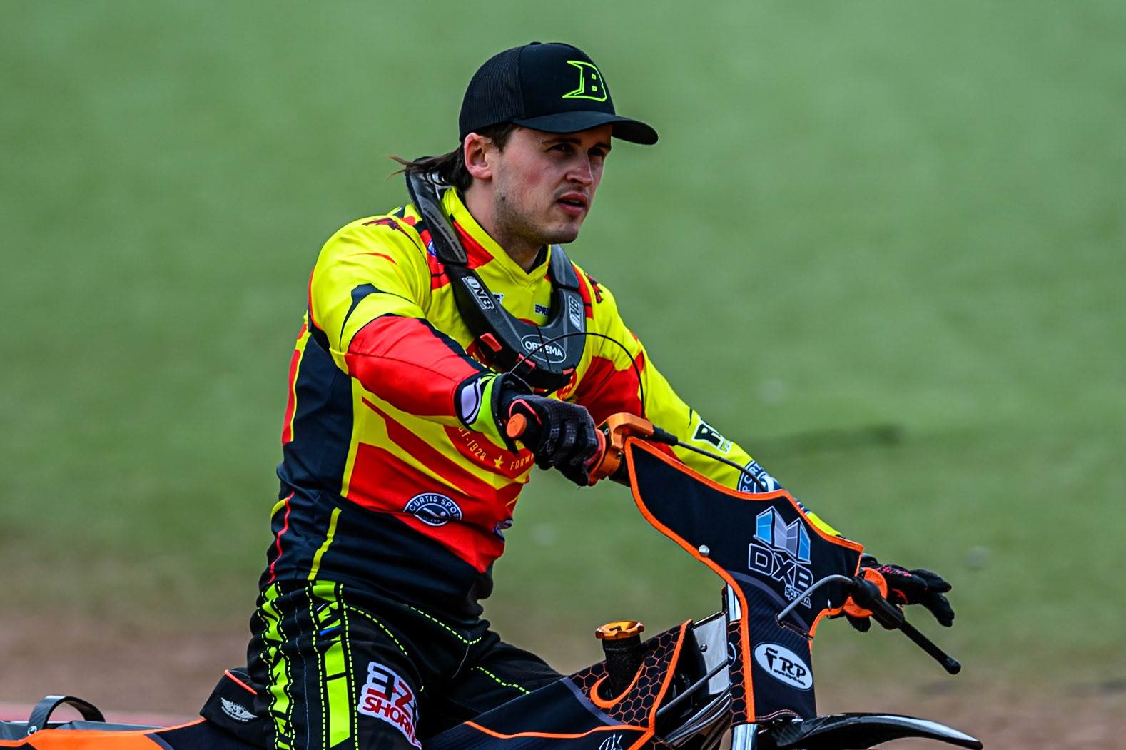 Birmingham Brummies' Guest Rider Jack Smith on the parade lap during the Rowe Motor Oil Premiership match between Belle Vue Aces and Birmingham Brummies at the National Speedway Stadium, Manchester on Monday 7th July 2025. (Photo: Ian Charles | MI News)