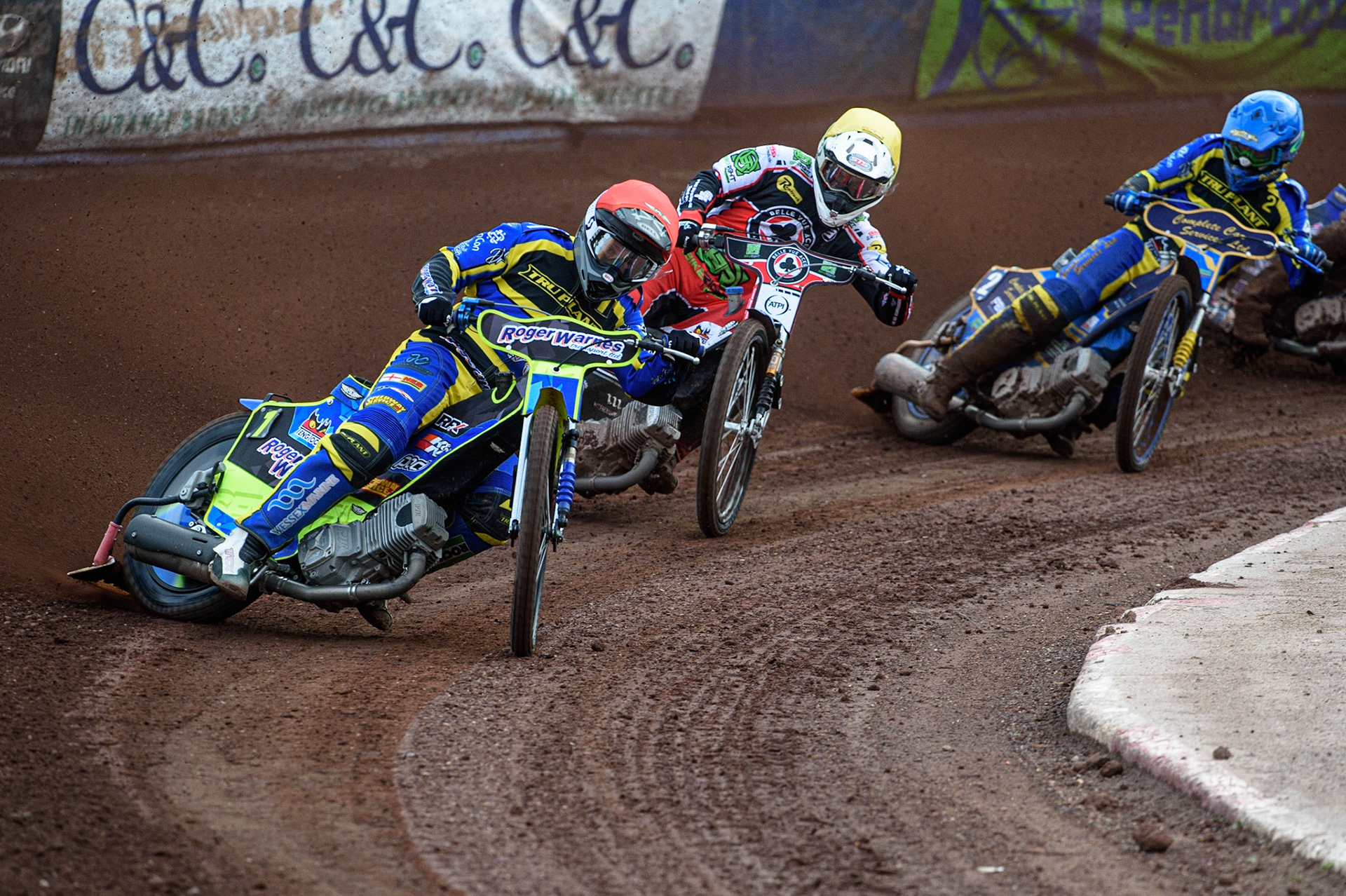 SHEFFIELD, UK. JULY 1ST     Troy Batchelor  (Red) leads Richie Worrall  (Yellow) and Kyle Howarth  (Blue)during the SGB Premiership match between Sheffield Tigers and Belle Vue Aces at Owlerton Stadium, Sheffield on Thursday 1st July 2021. (Credit: Ian Charles | MI News)
