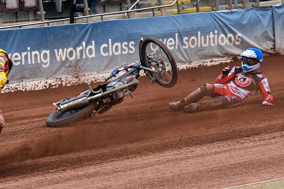 Belle Vue Colts' Billy Budd rears at the start between Leicester Lion Cubs' Guest Rider Darryl Ritchings in White and Leicester Lion Cubs' Sonny Springer in Yellow during the WSRA National Development League match between Belle Vue Colts and Leicester Lion Cubs at the National Speedway Stadium, Manchester on Friday 18th April 2025. (Photo: Ian Charles | MI News)