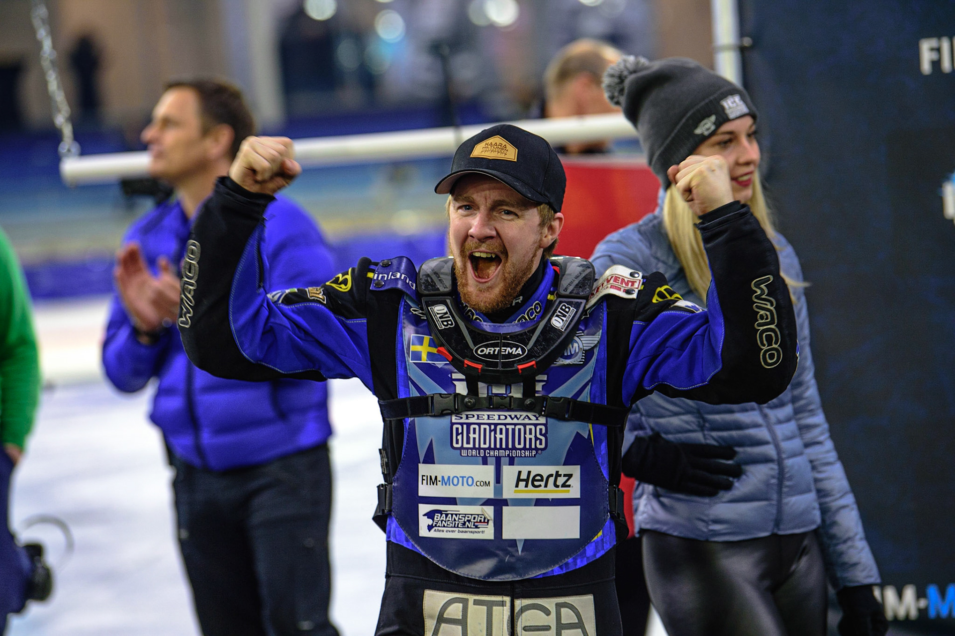 HEERENVEEN, NL. “I’m The Champion!” Martin Hååruhiltunen (199)  celebrates  during the FIM Ice Speedway Gladiators World Championship Final 4 at Ice Rink Thialf, Heerenveen on Sunday  3 April 2022. (Credit: Ian Charles | MI News)