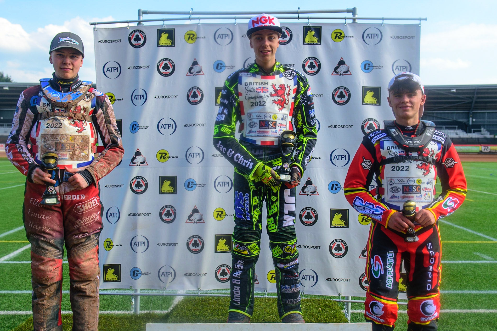 MANCHESTER, UK. JUN 3RD 500cc Top 3: (l - r) Sam McGurk (116) (2nd), Ace Pijper (696) (Winner), Max James (54) (3rd) during the British Youth Speedway Championship (Round 4)  at the National Speedway Stadium, Manchester on Friday 3rd June 2022. (Credit: Ian Charles | MI News)